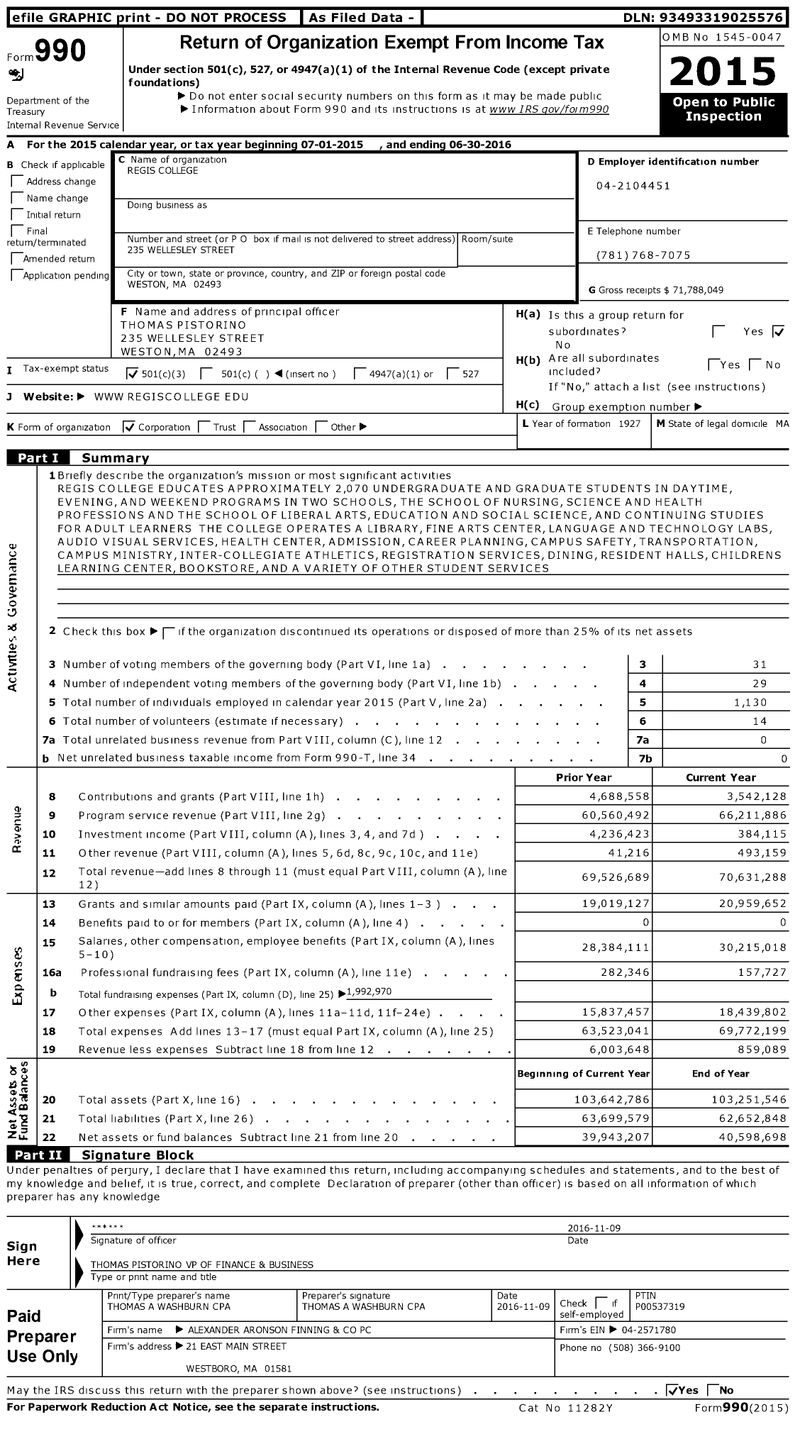 Image of first page of 2015 Form 990 for Regis College