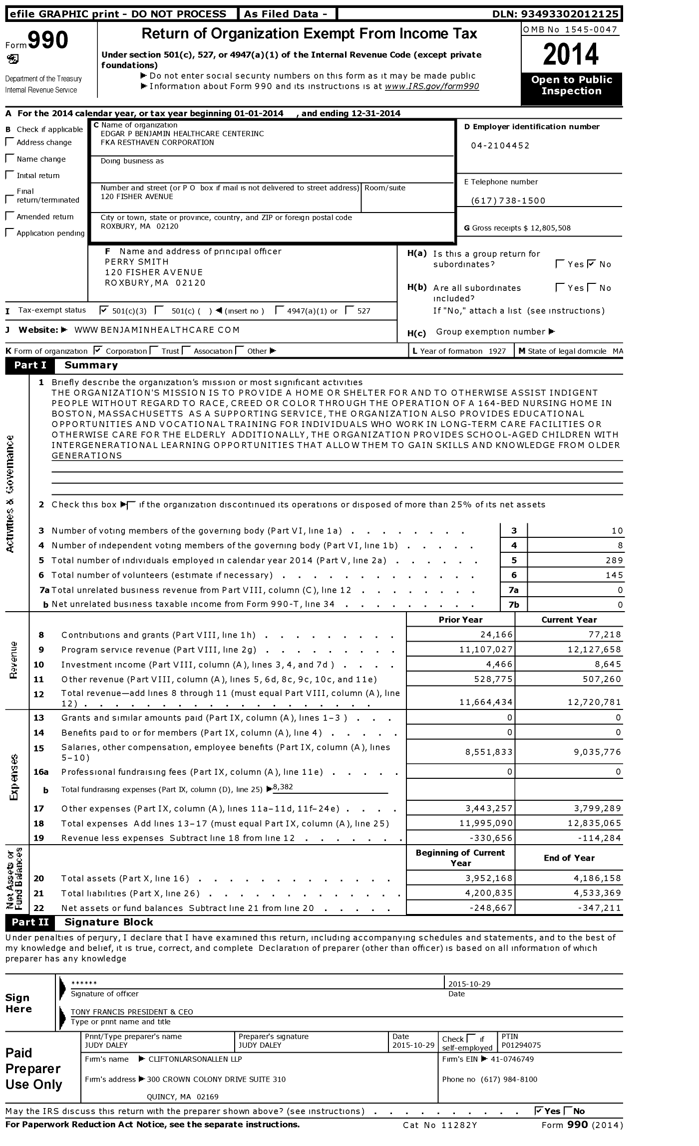 Image of first page of 2014 Form 990 for Edgar P Benjamin Healthcare Center