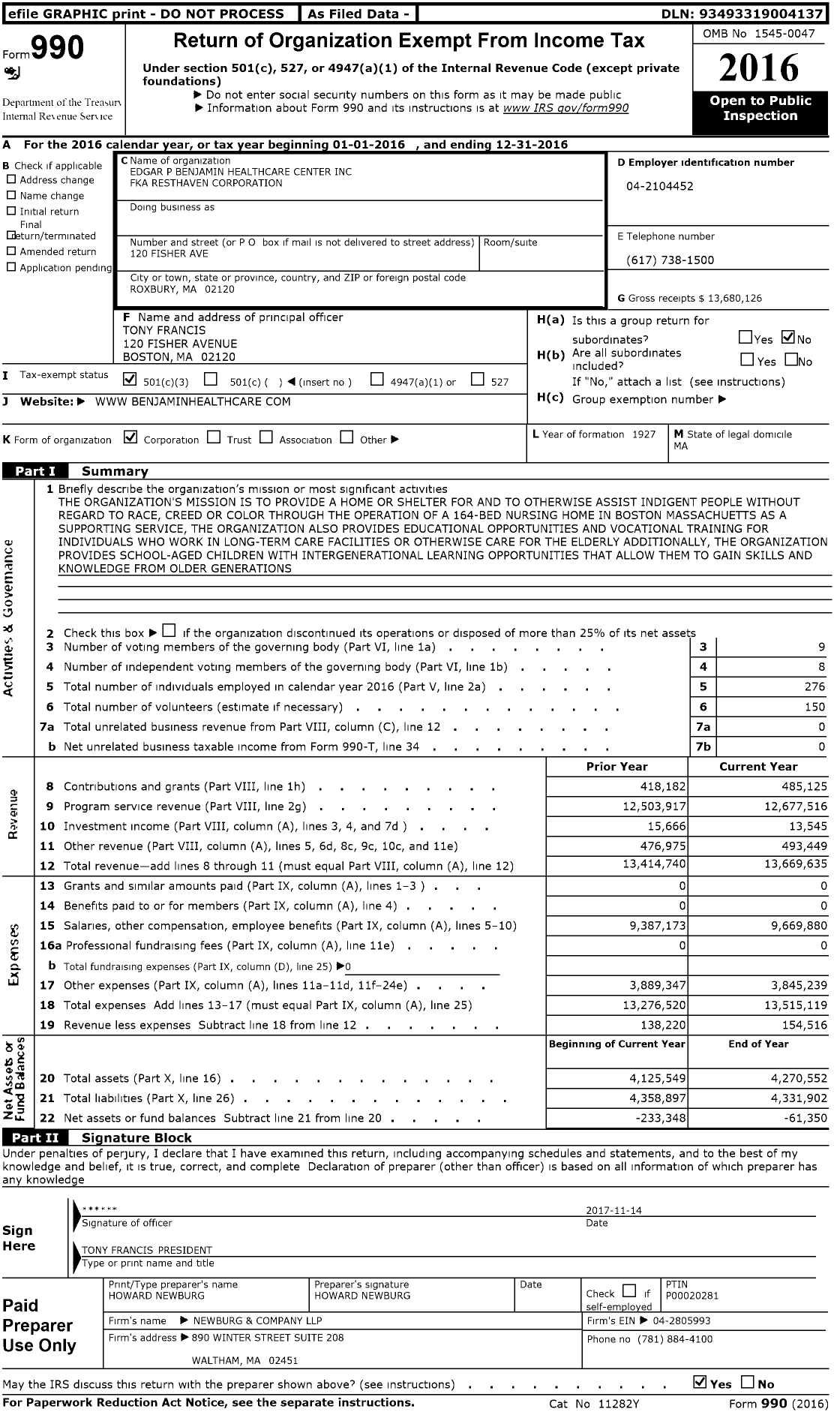 Image of first page of 2016 Form 990 for Edgar P Benjamin Healthcare Center
