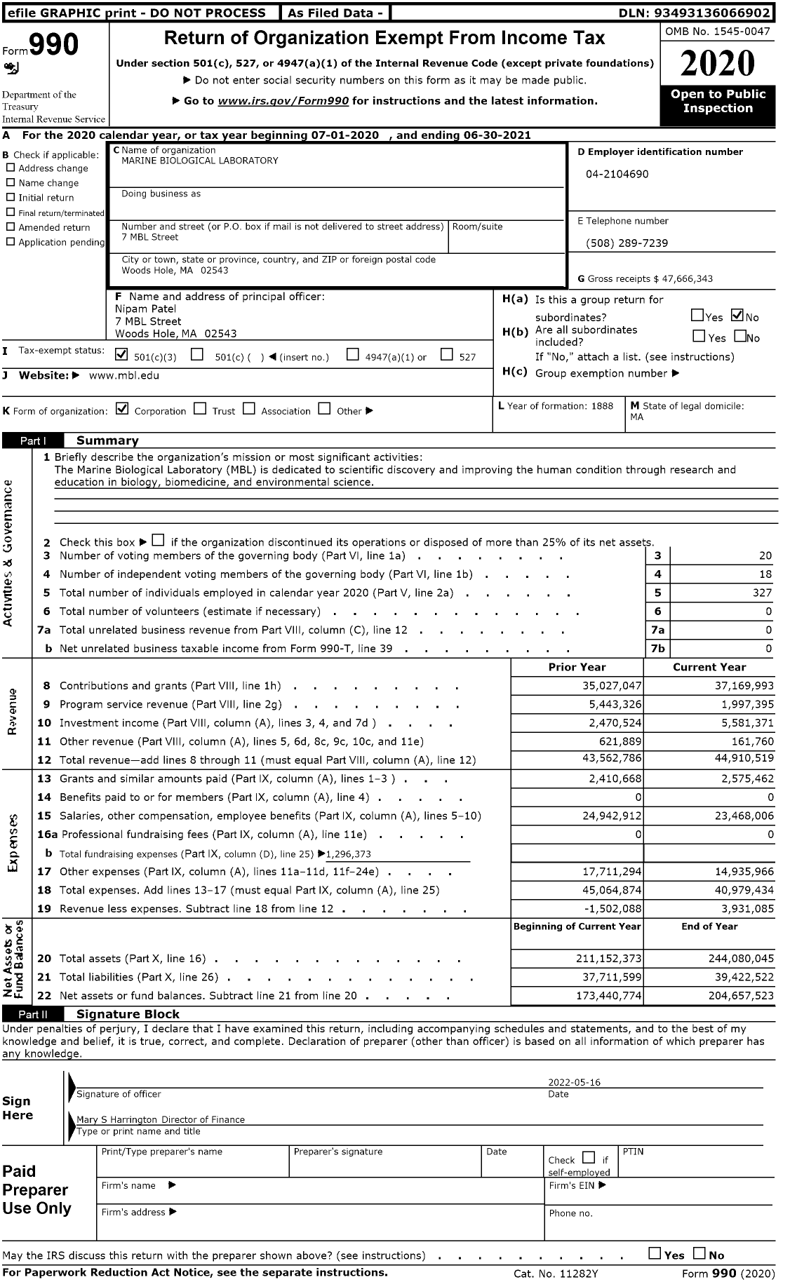 Image of first page of 2020 Form 990 for Marine Biological Laboratory (MBL)