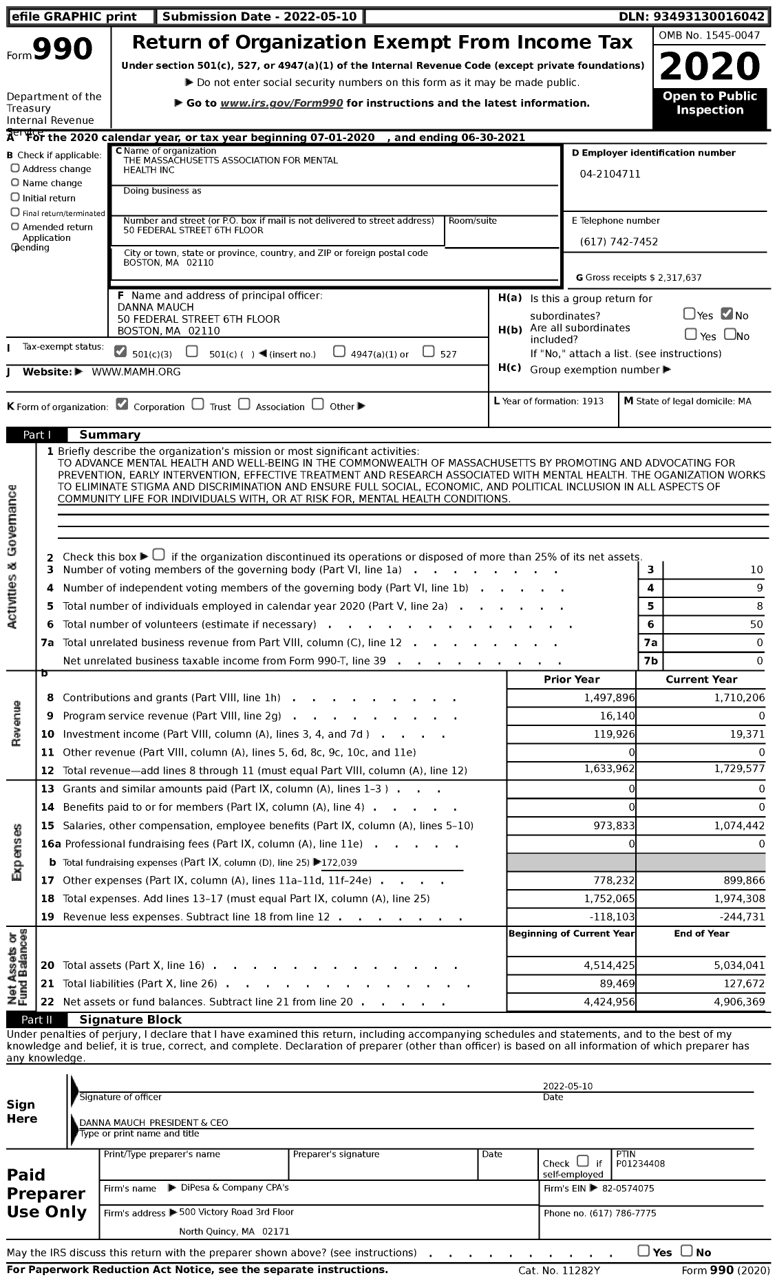 Image of first page of 2020 Form 990 for Massachusetts Association for Mental Health (MAMH)