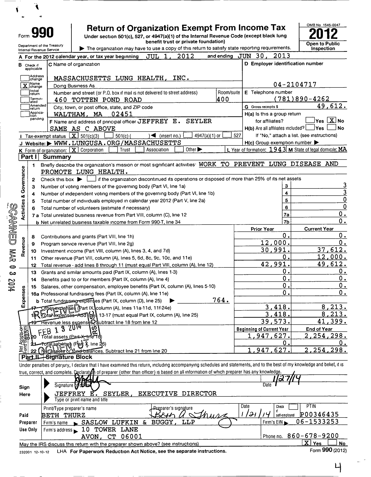 Image of first page of 2012 Form 990 for Massachusetts Lung Health