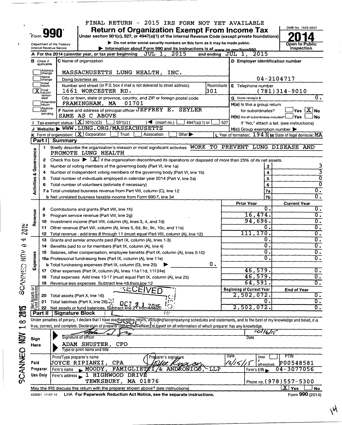 Image of first page of 2014 Form 990 for Massachusetts Lung Health