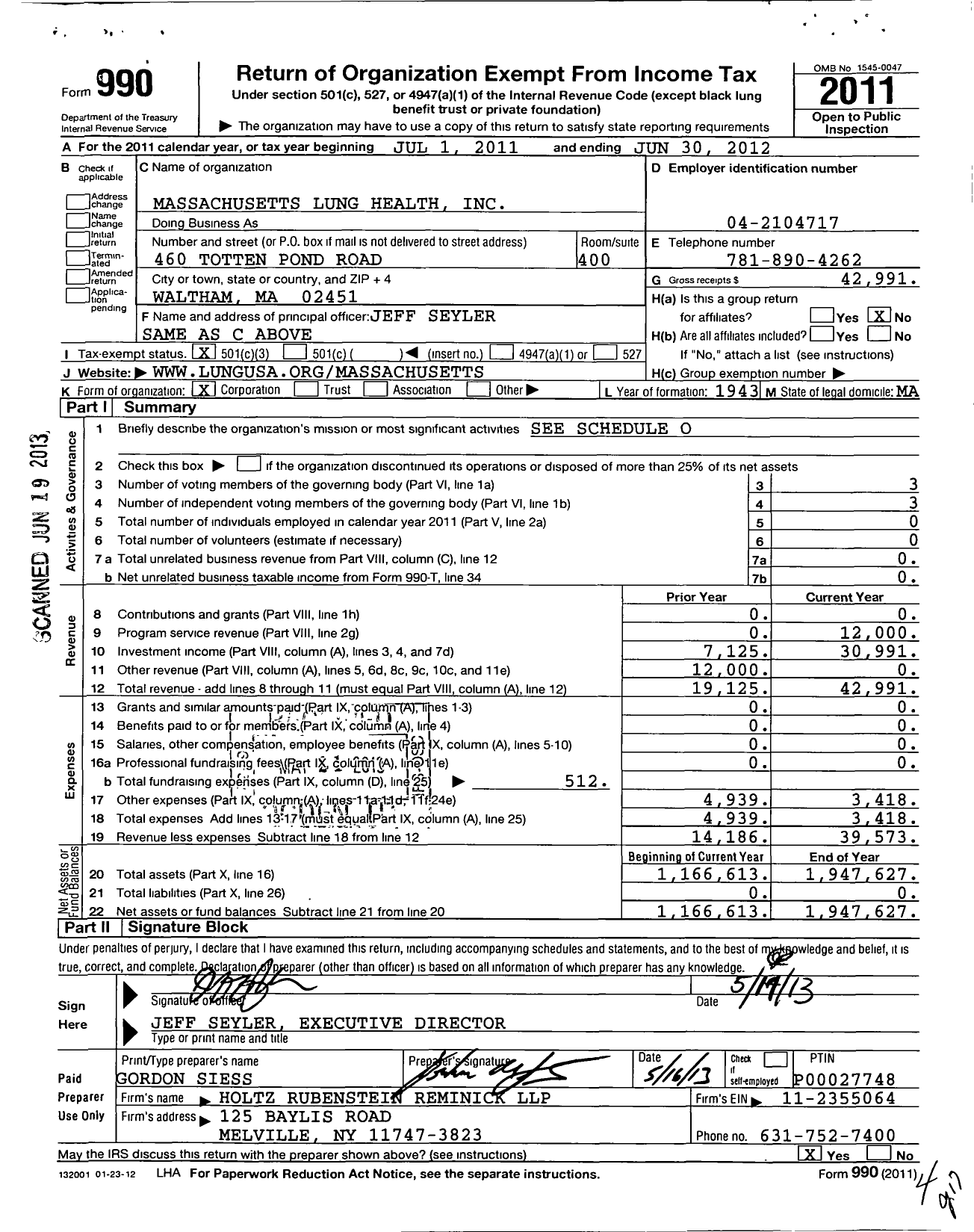 Image of first page of 2011 Form 990 for Massachusetts Lung Health