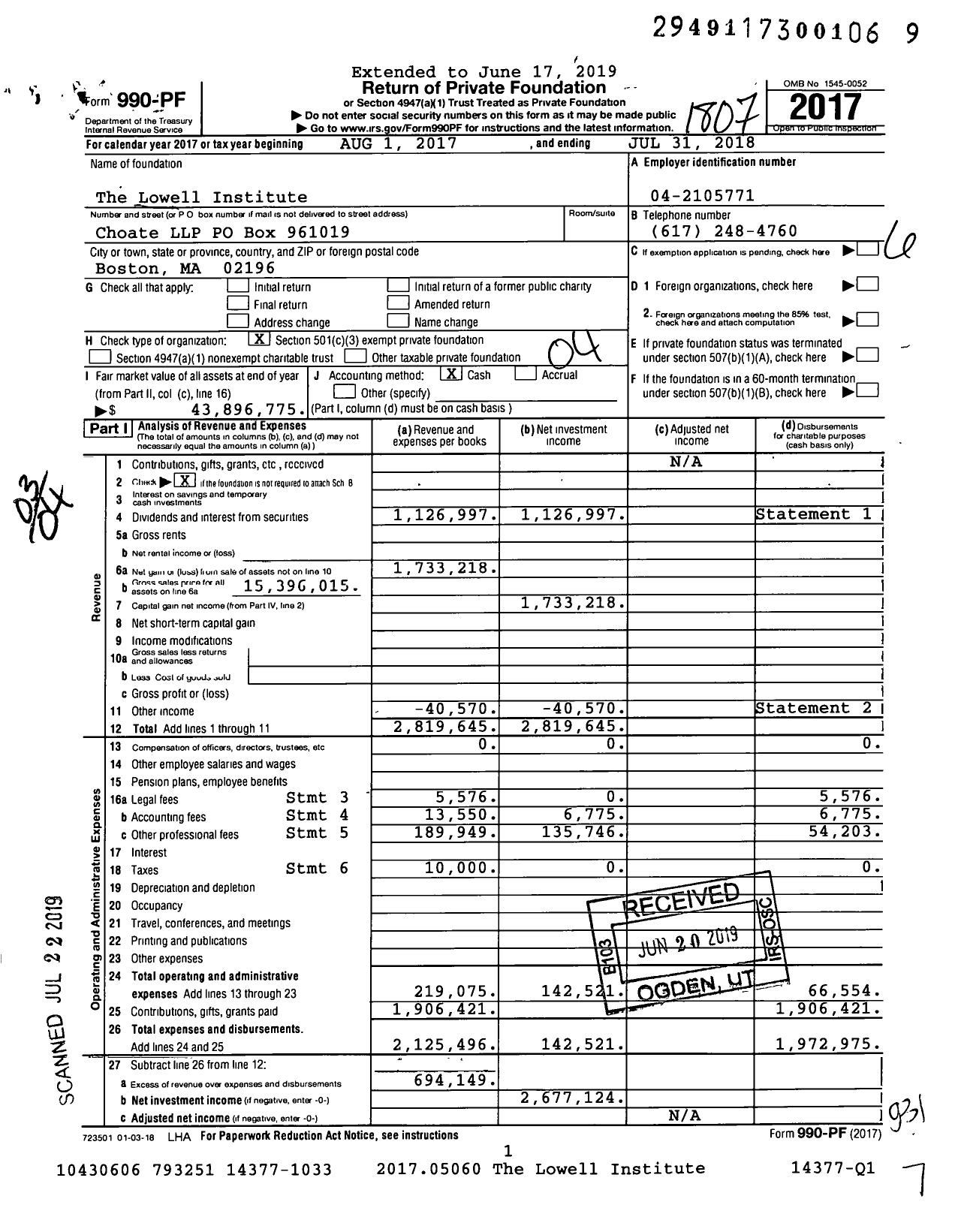 Image of first page of 2017 Form 990PF for The Lowell Institute