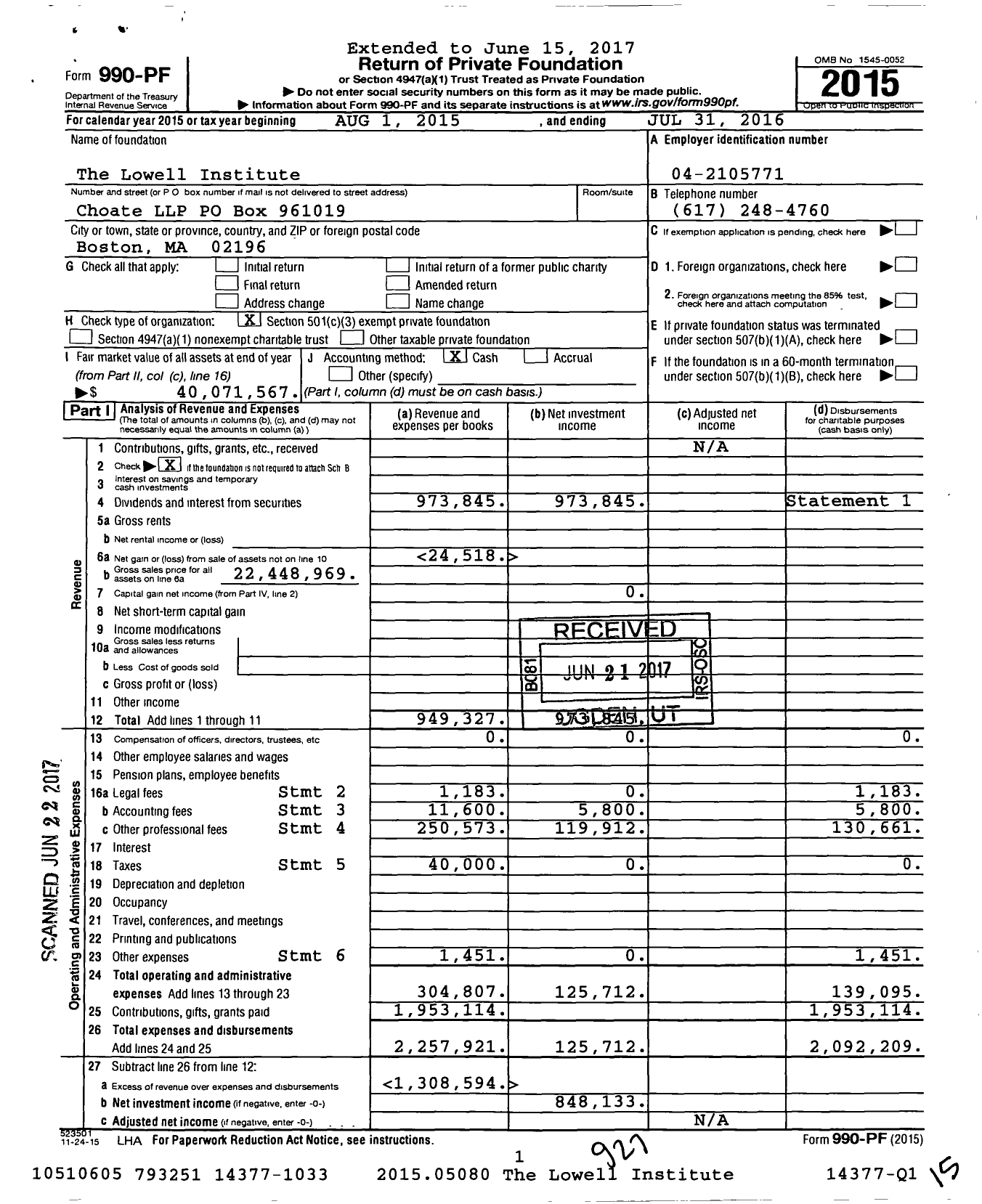 Image of first page of 2015 Form 990PF for The Lowell Institute