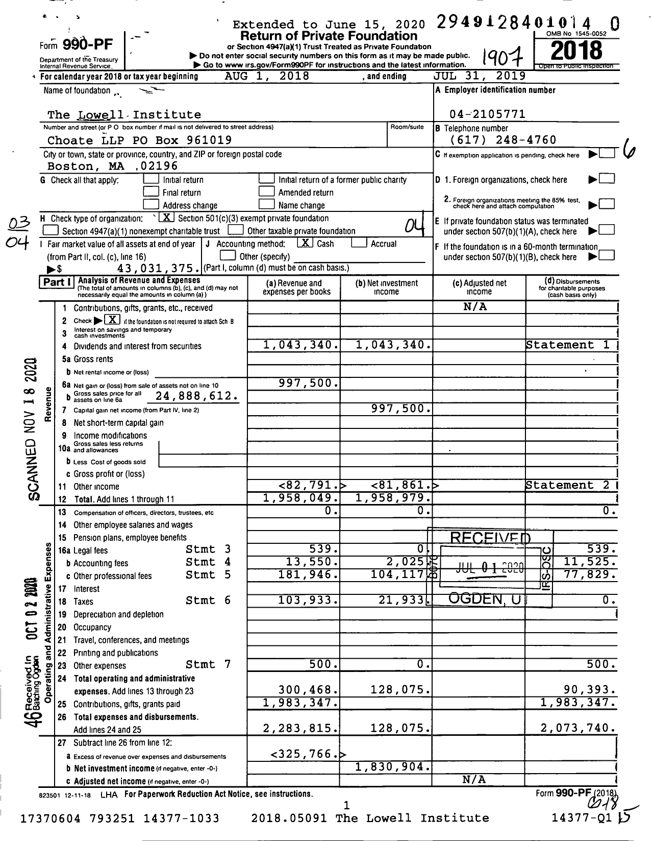 Image of first page of 2018 Form 990PF for The Lowell Institute