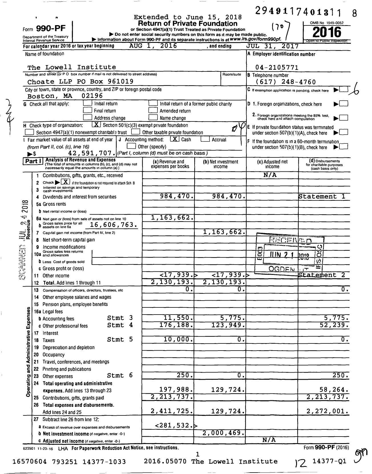 Image of first page of 2016 Form 990PF for The Lowell Institute