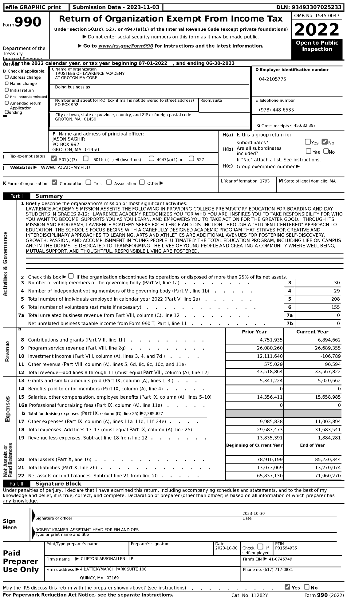 Image of first page of 2022 Form 990 for Lawrence Academy