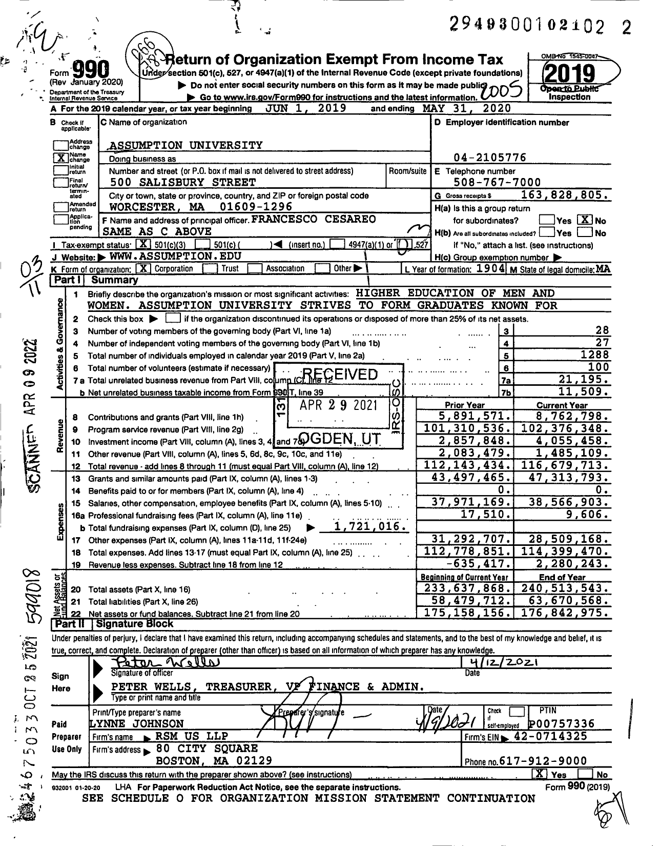 Image of first page of 2019 Form 990 for Assumption University