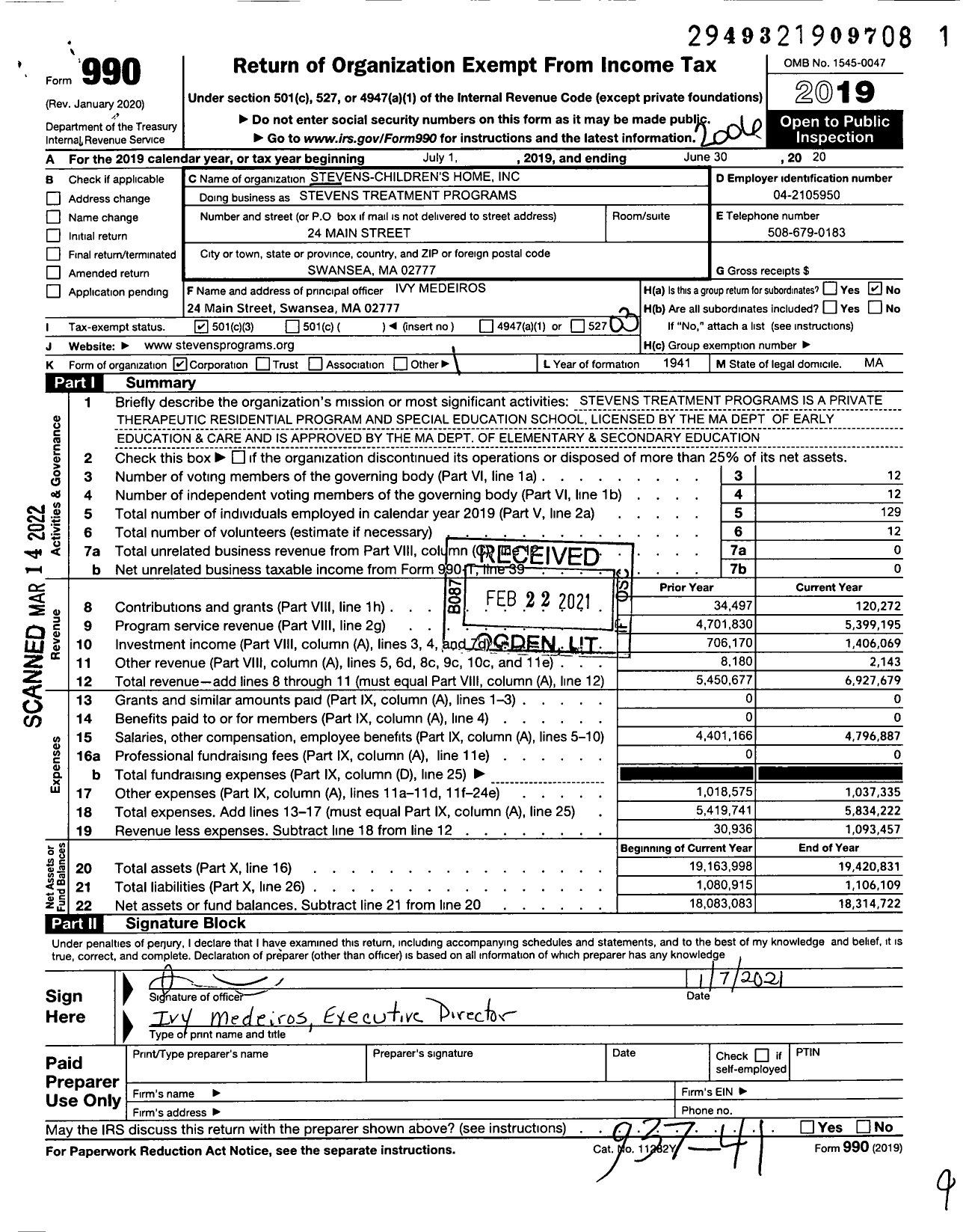 Image of first page of 2019 Form 990 for Stevens Treatment Programs