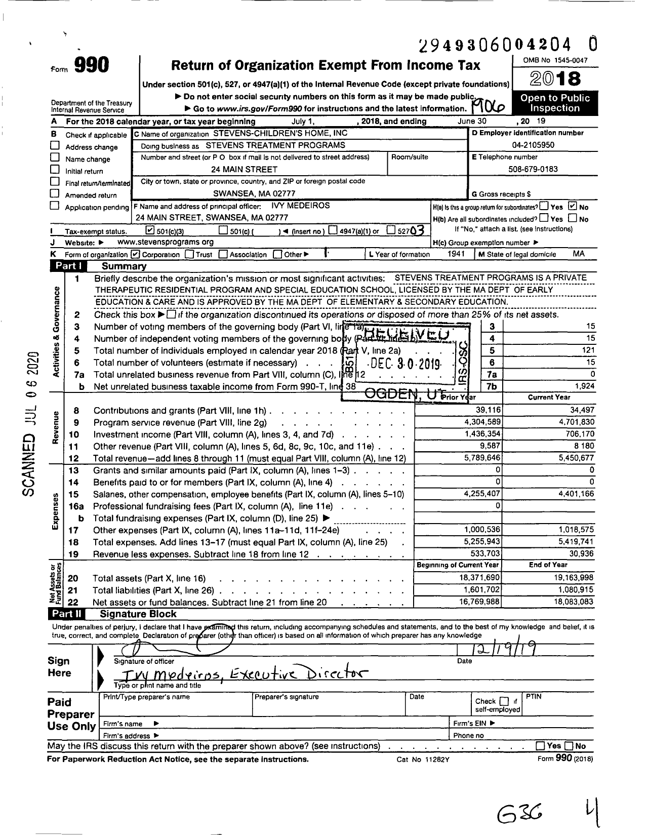 Image of first page of 2018 Form 990 for Stevens Treatment Programs