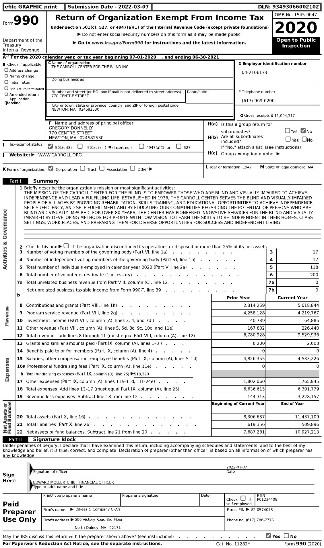 Image of first page of 2020 Form 990 for Carroll Center for the Blind