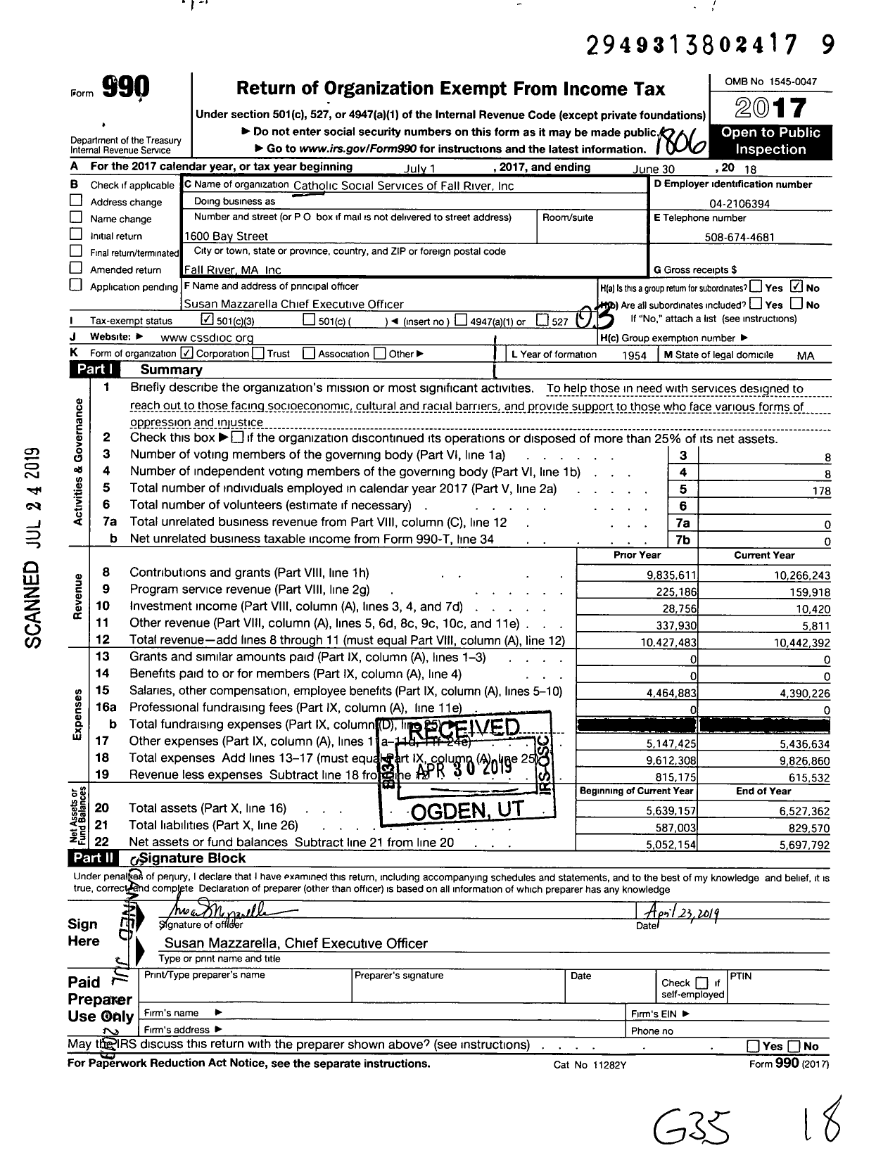 Image of first page of 2017 Form 990 for Catholic Social Services of Fall River