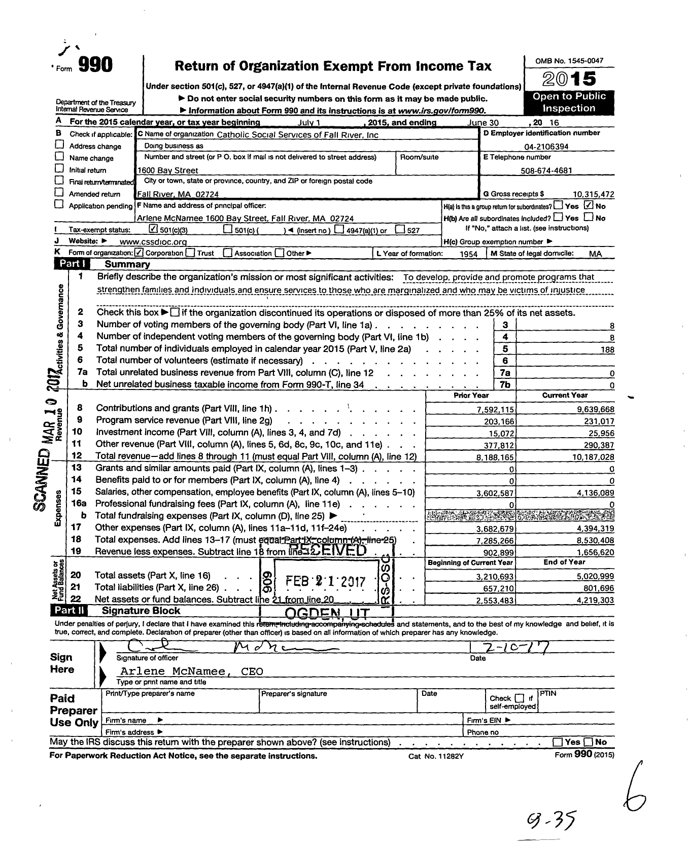 Image of first page of 2015 Form 990 for Catholic Social Services of Fall River