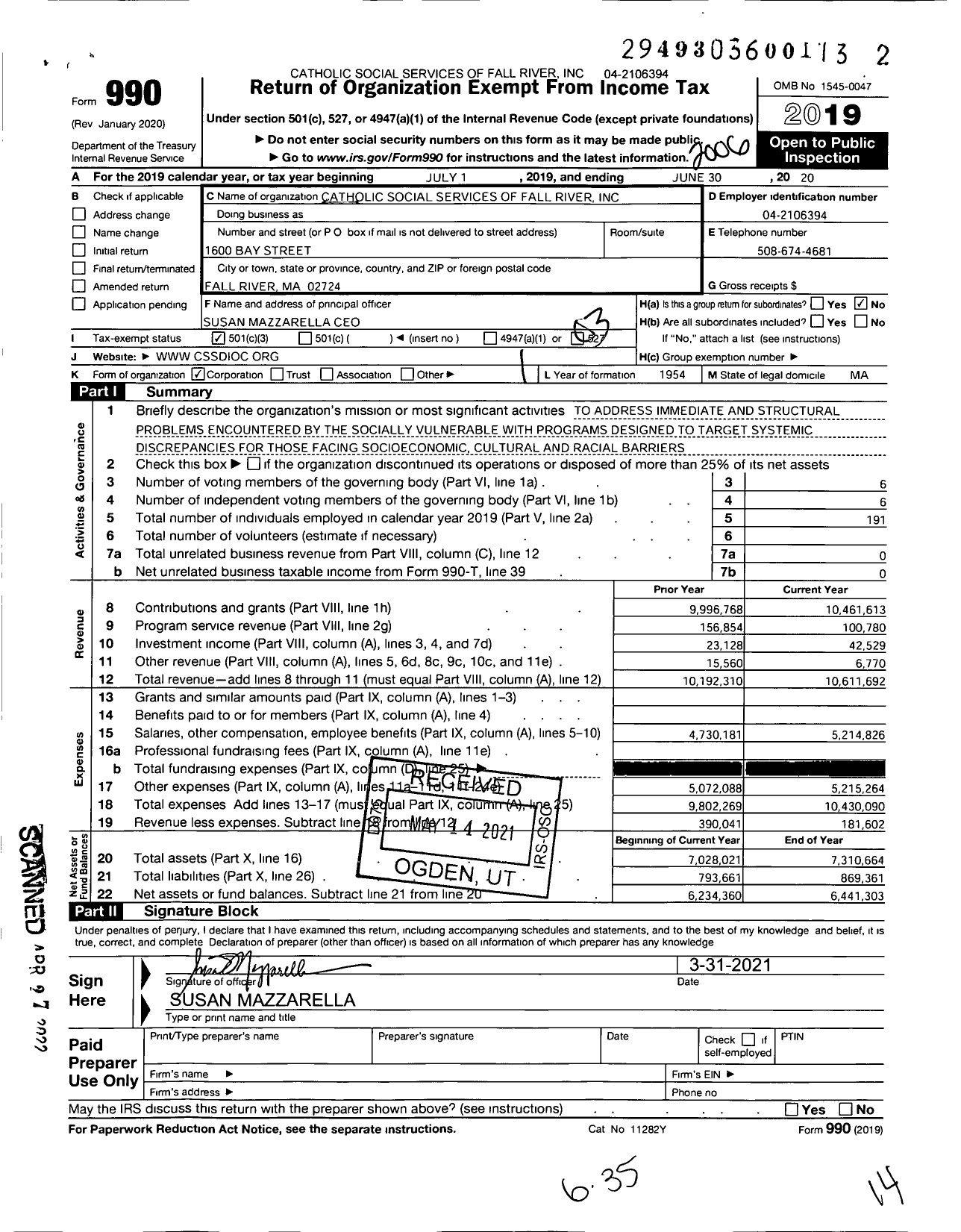 Image of first page of 2019 Form 990 for Catholic Social Services of Fall River