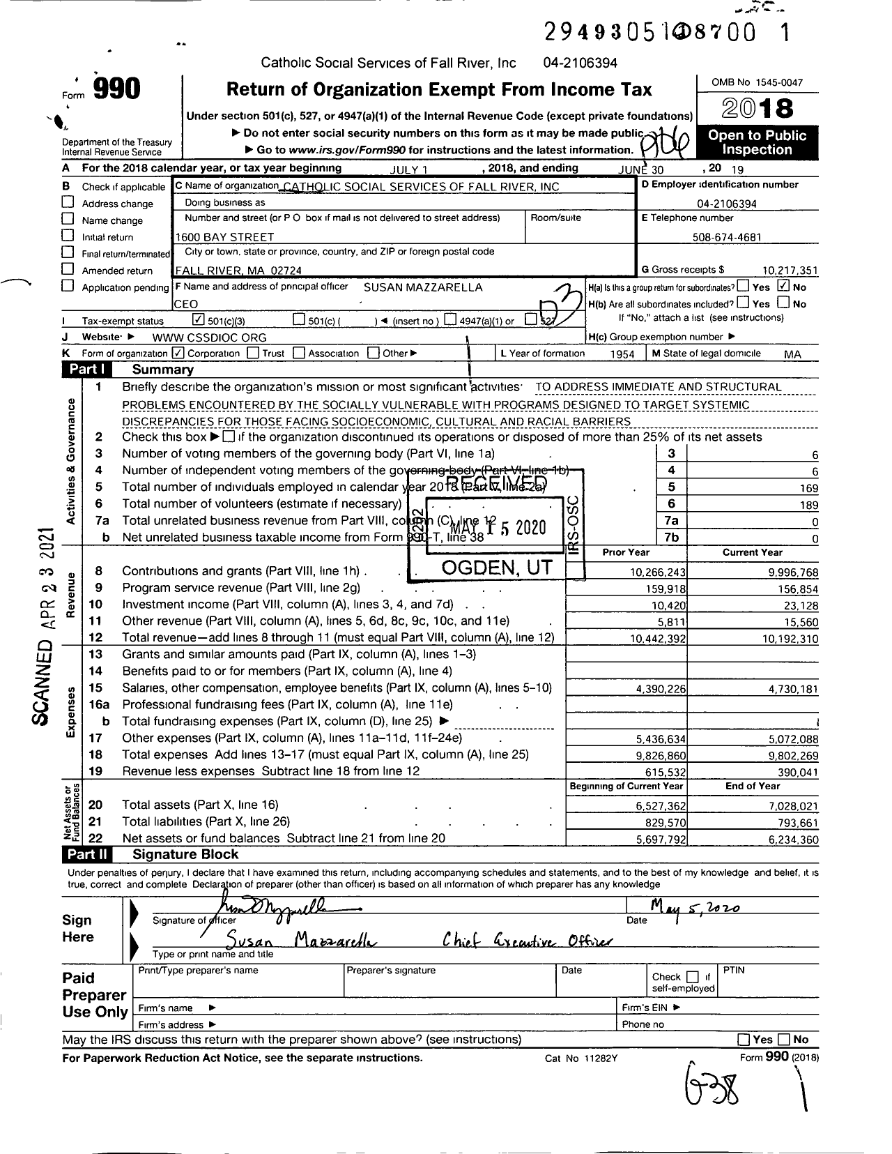 Image of first page of 2018 Form 990 for Catholic Social Services of Fall River