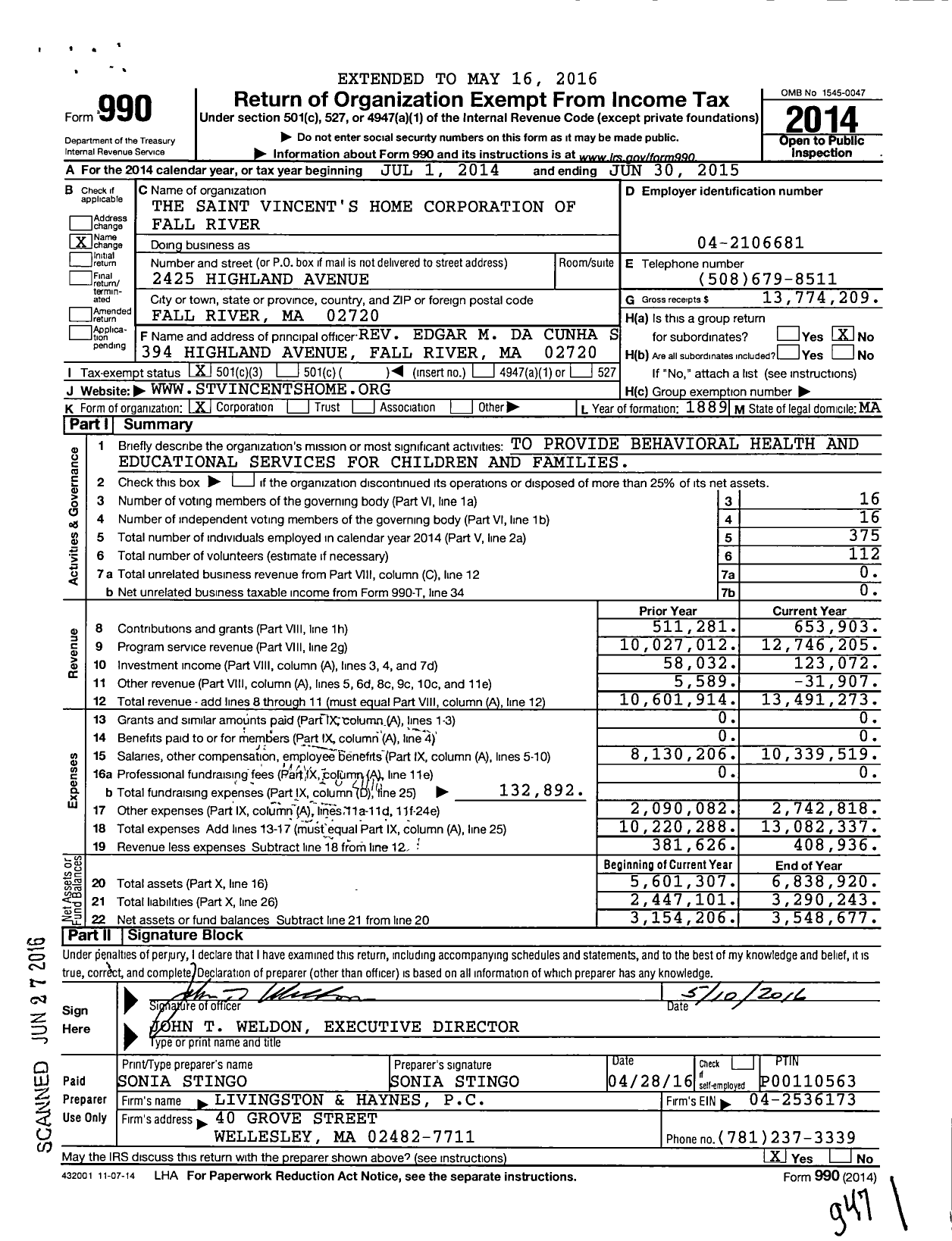 Image of first page of 2014 Form 990 for Saint Vincent's Services