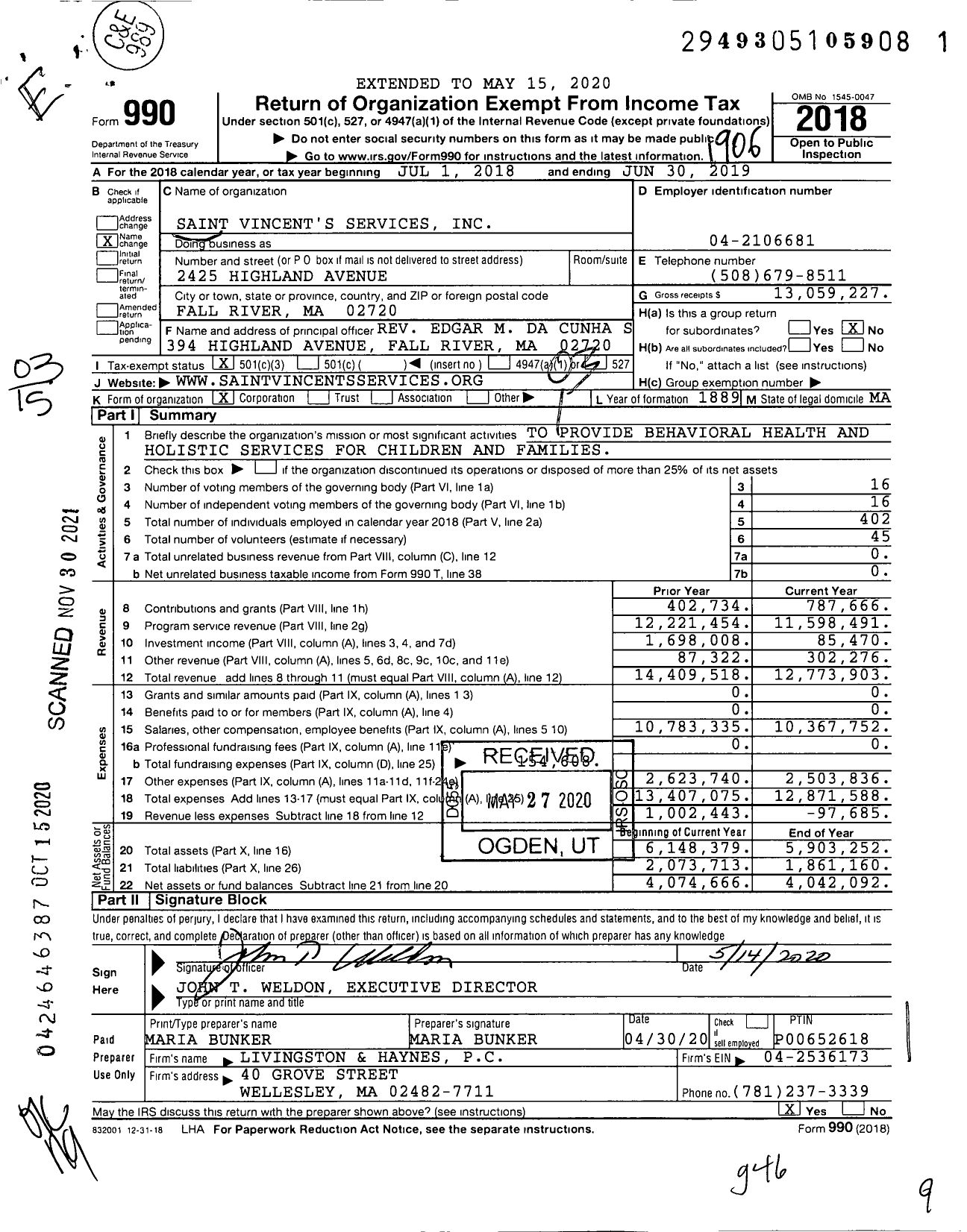 Image of first page of 2018 Form 990 for Saint Vincent's Services