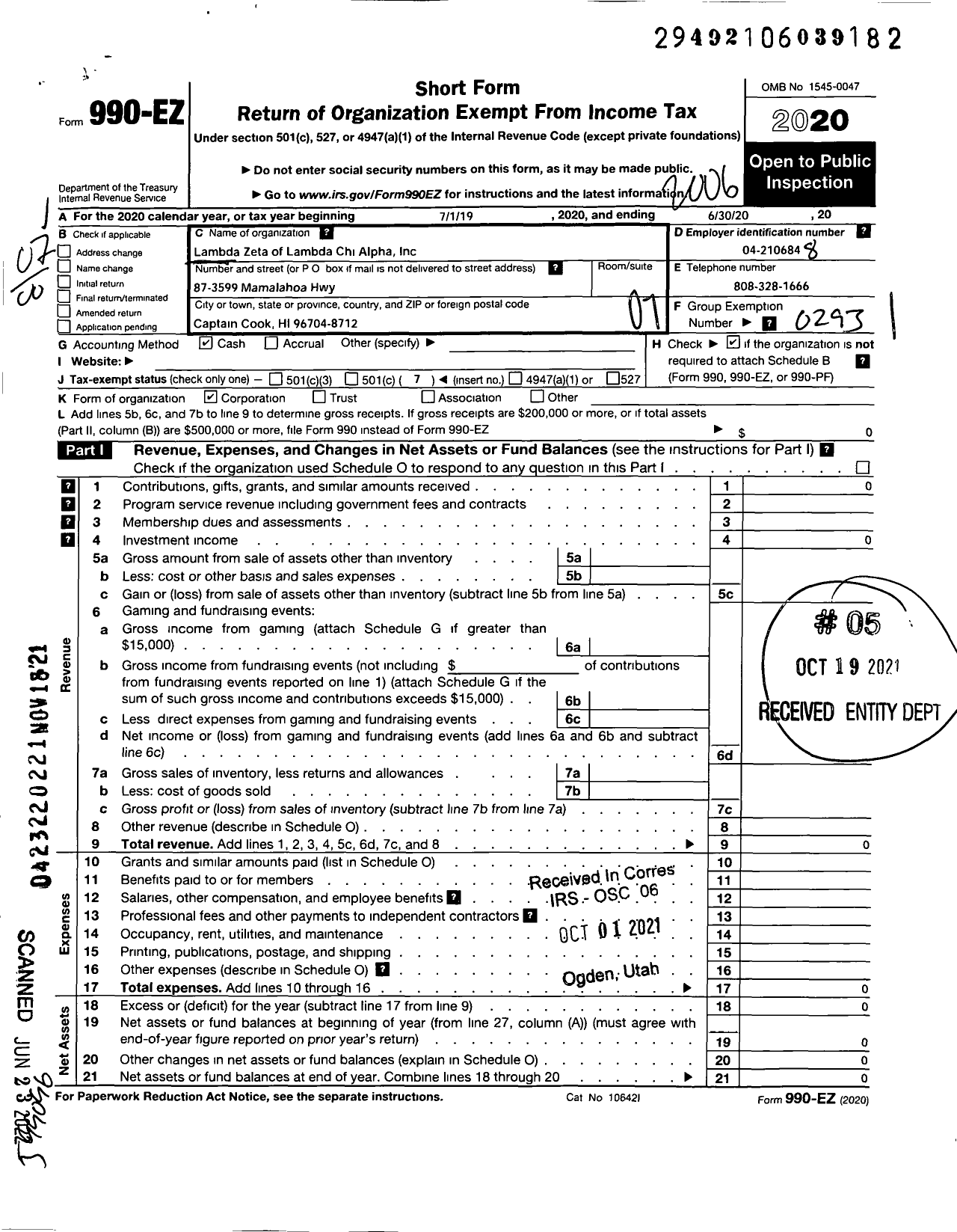 Image of first page of 2019 Form 990EO for Lambda Zeta of Lambda Chi Alpha