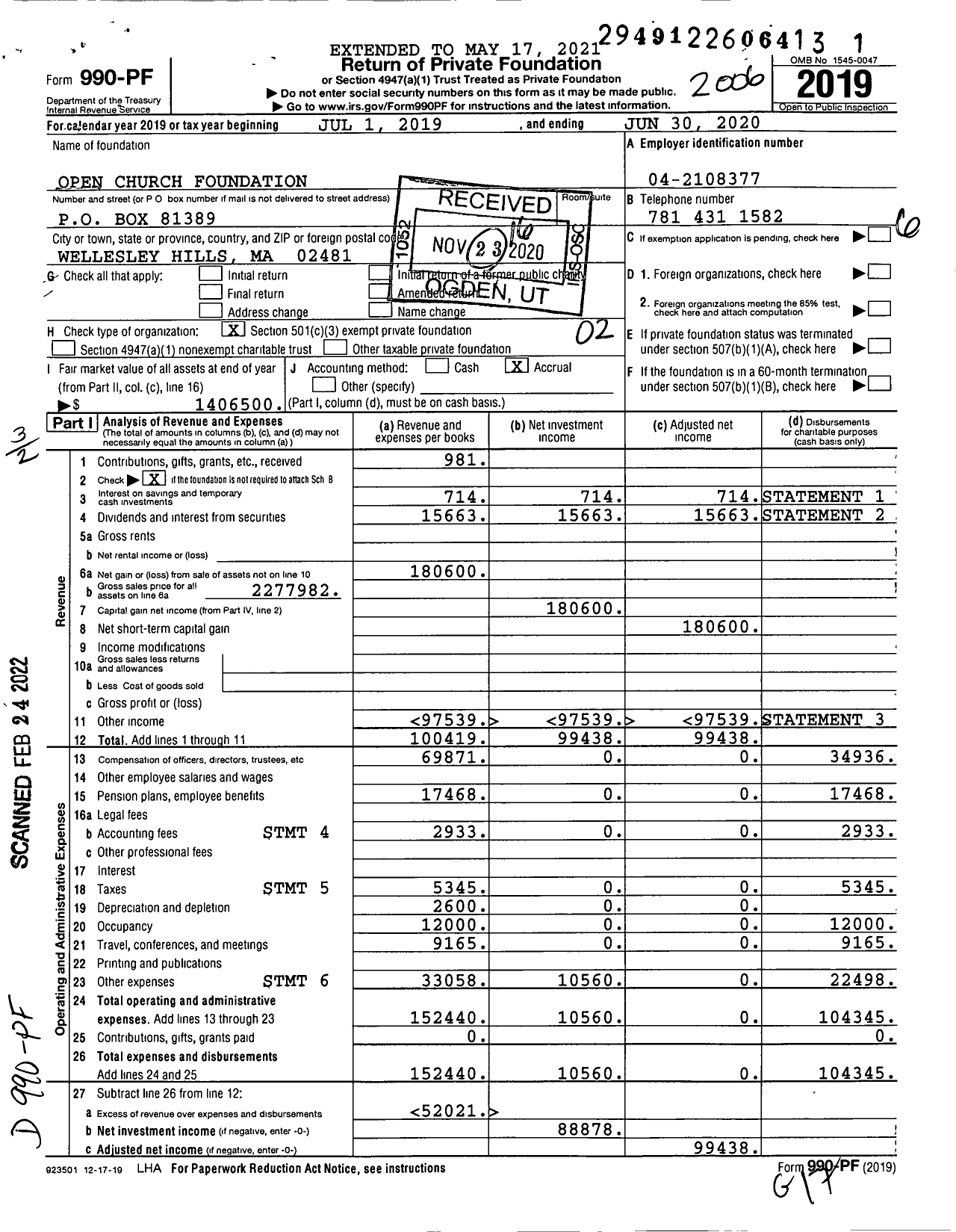 Image of first page of 2019 Form 990PF for Open Church Foundation