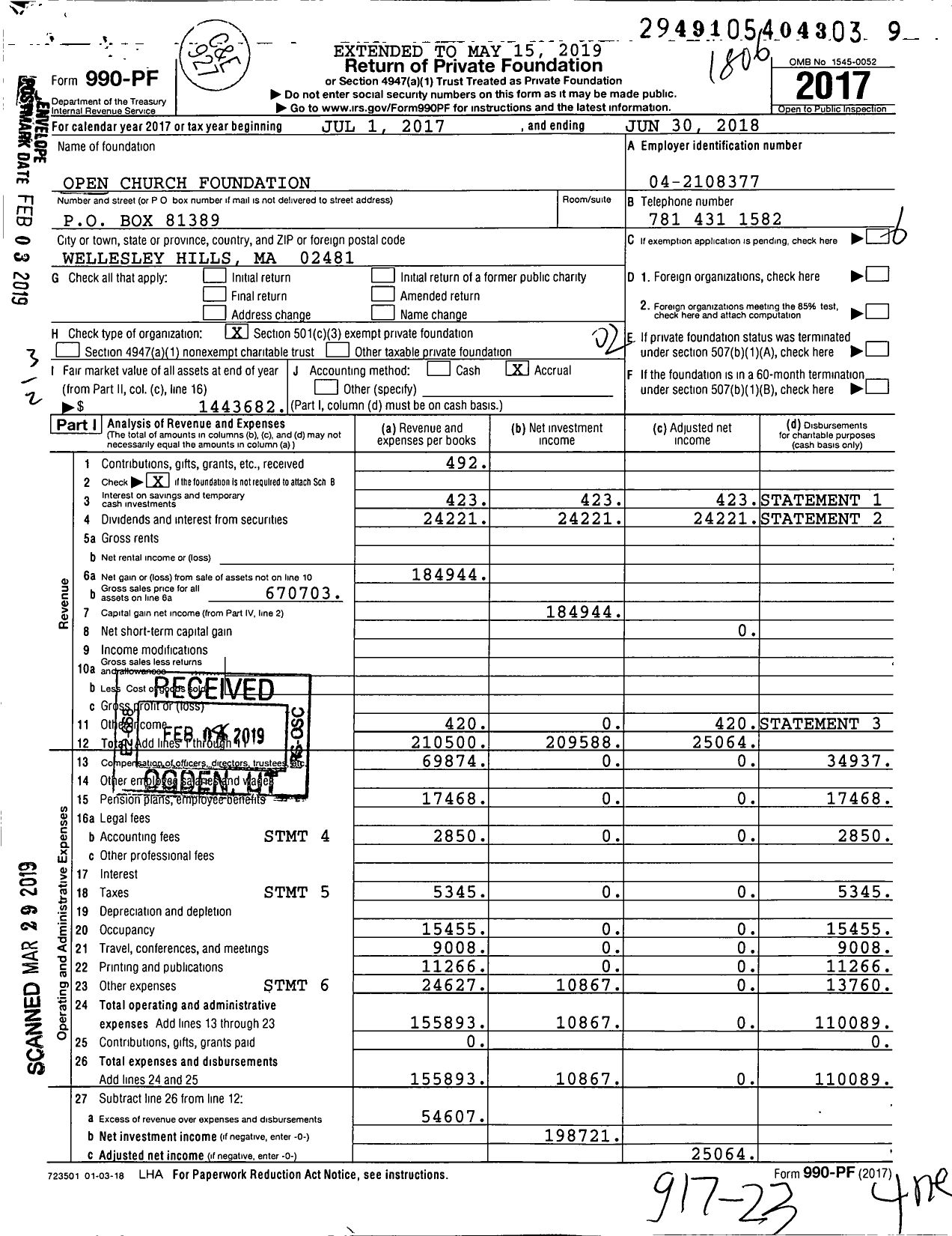Image of first page of 2017 Form 990PF for Open Church Foundation