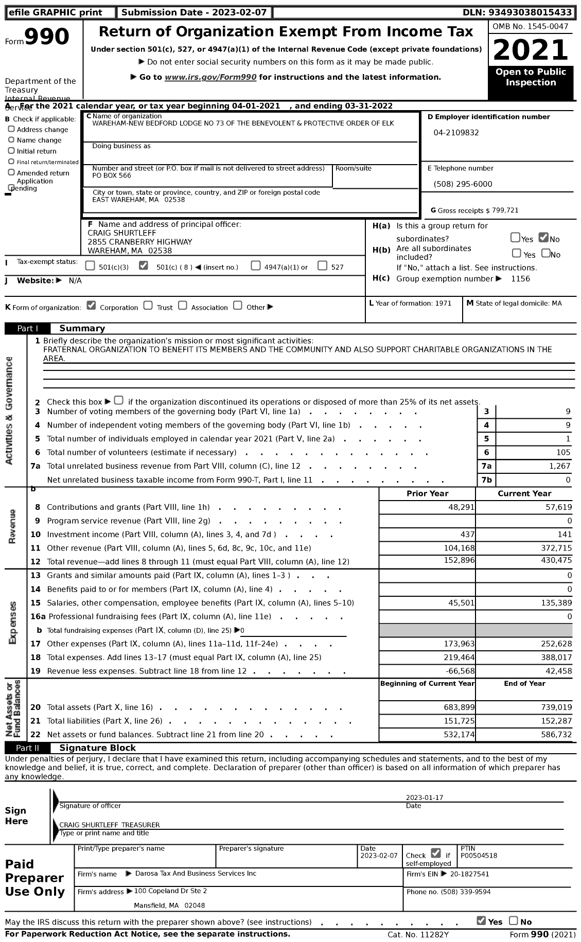 Image of first page of 2021 Form 990 for Benevolent and Protective Order of Elks - 73 Lodge Wareham-New Bedford