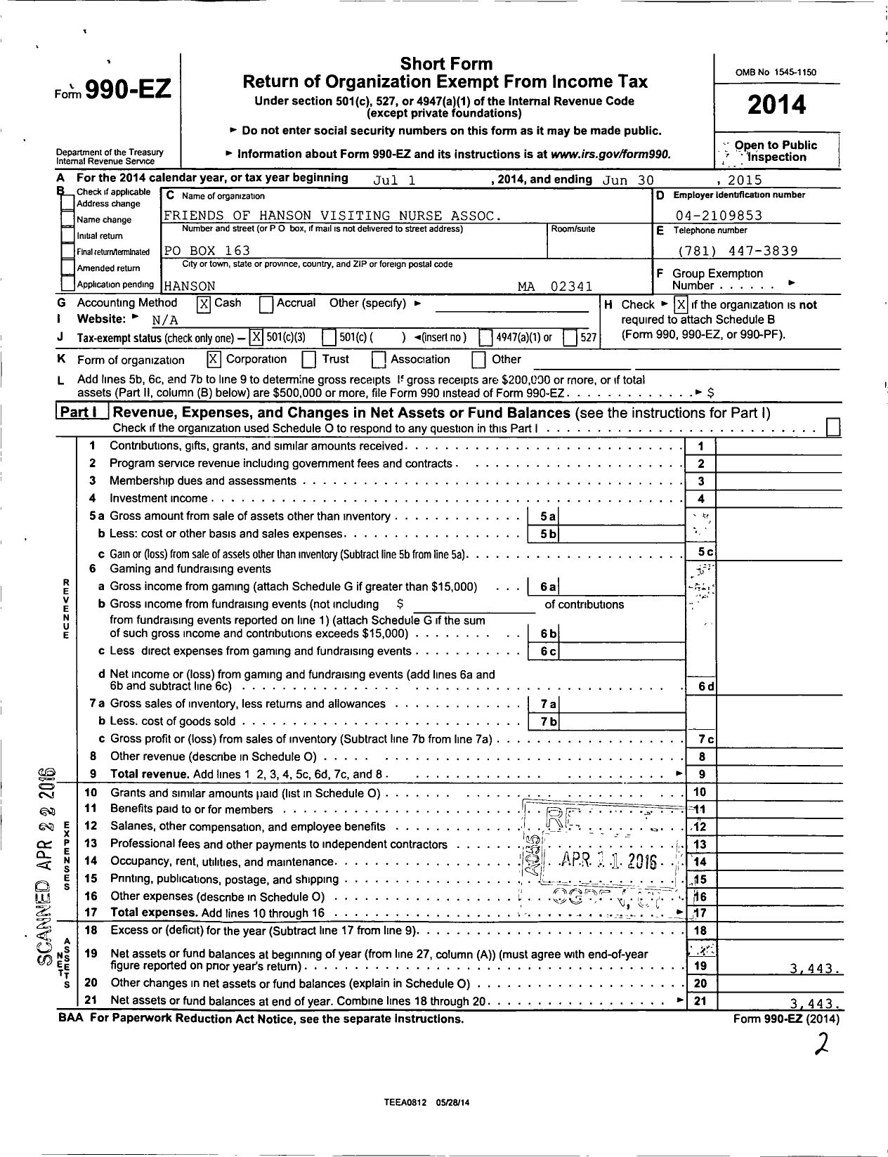 Image of first page of 2014 Form 990EZ for Friends of Hanson Visiting Nurse Association