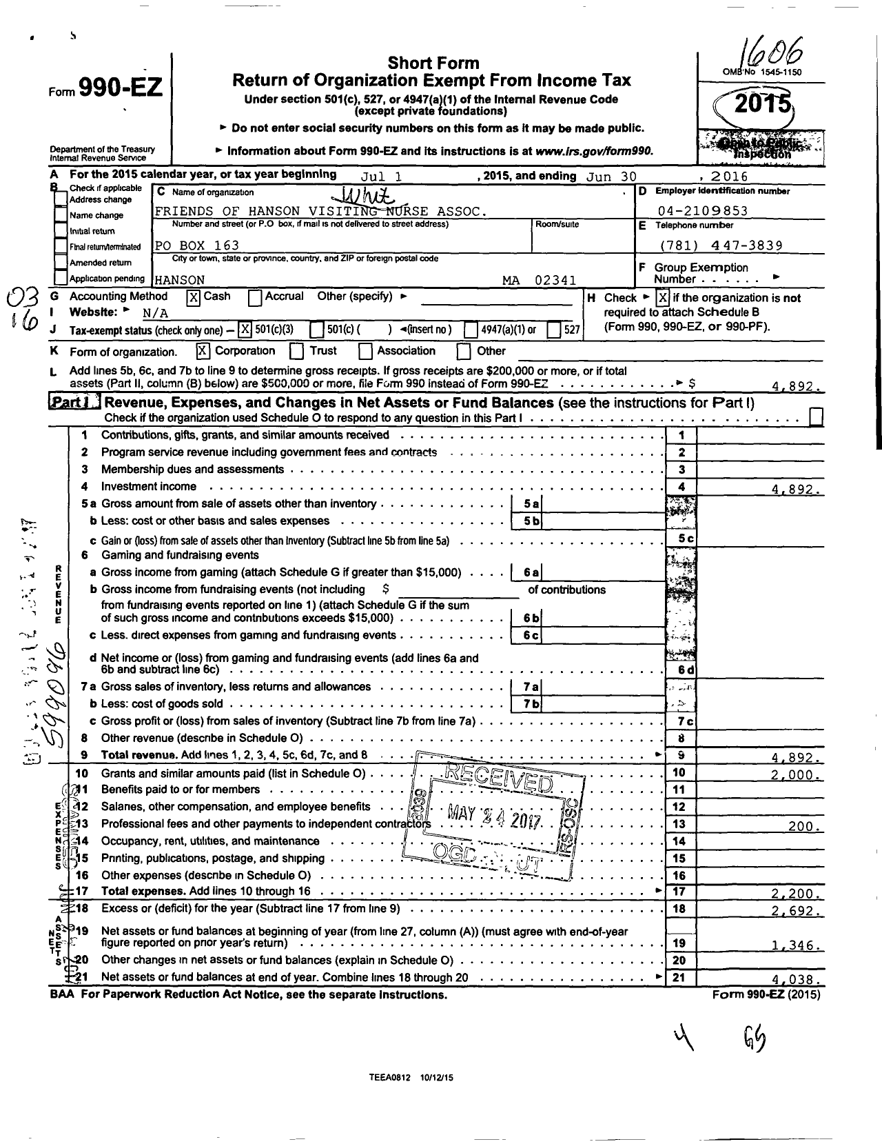 Image of first page of 2015 Form 990EZ for Friends of Hanson Visiting Nurse Association