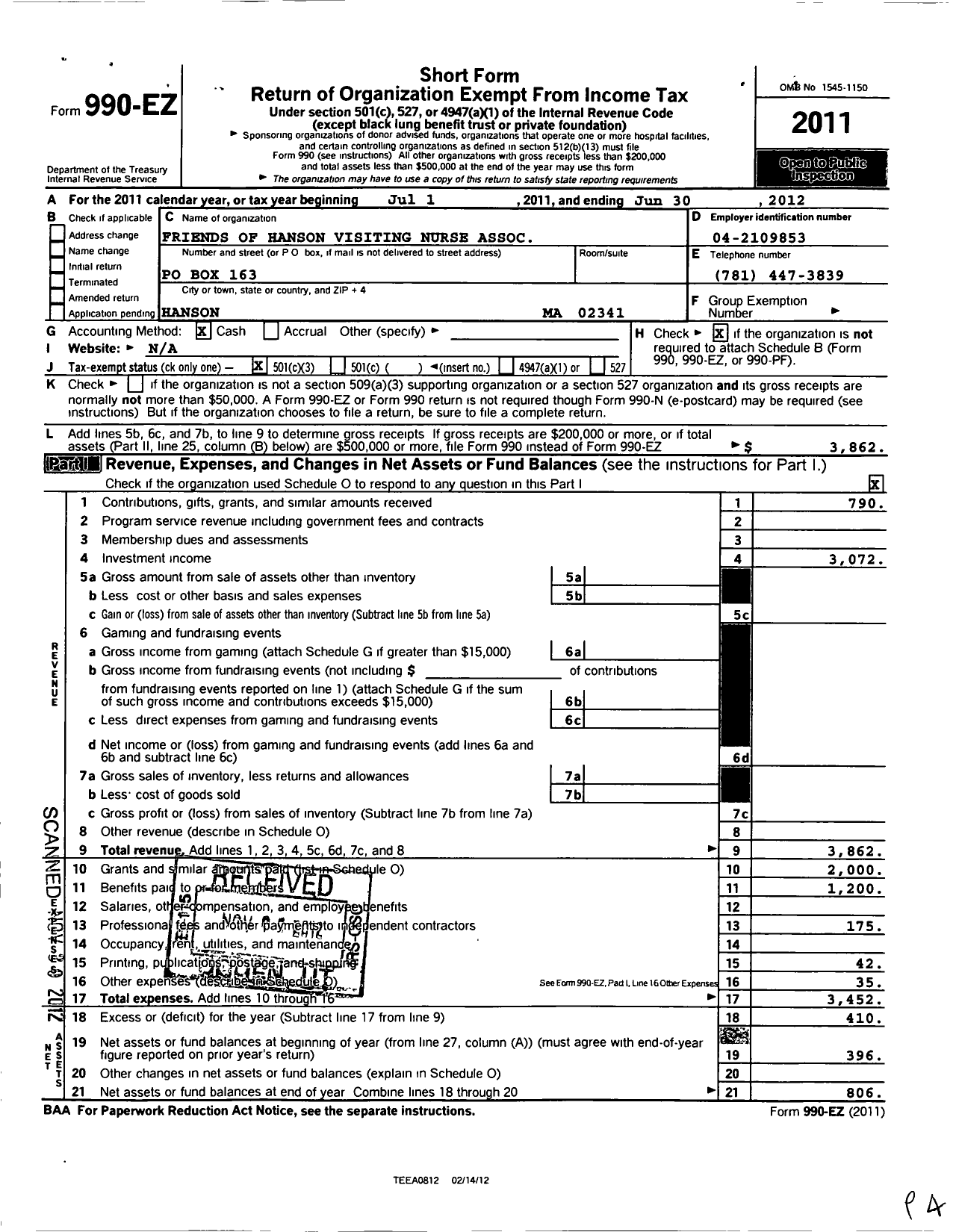 Image of first page of 2011 Form 990EZ for Friends of Hanson Visiting Nurse Association