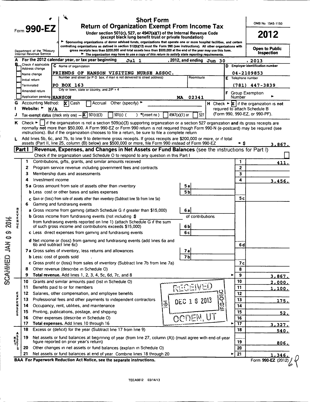 Image of first page of 2012 Form 990EZ for Friends of Hanson Visiting Nurse Association