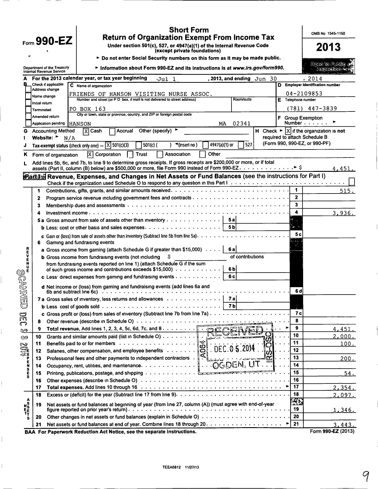 Image of first page of 2013 Form 990EZ for Friends of Hanson Visiting Nurse Association