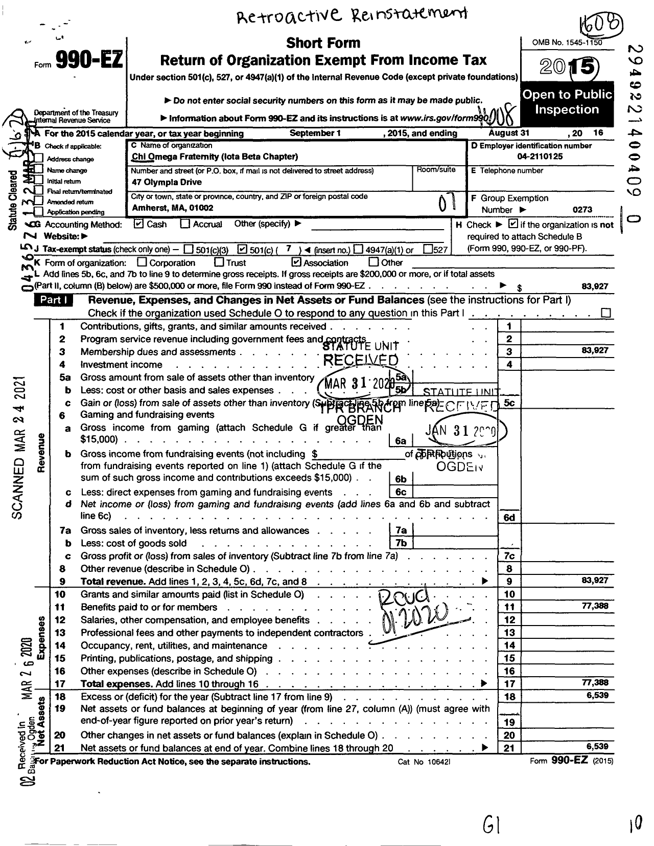 Image of first page of 2015 Form 990EO for Chi Omega Fraternity