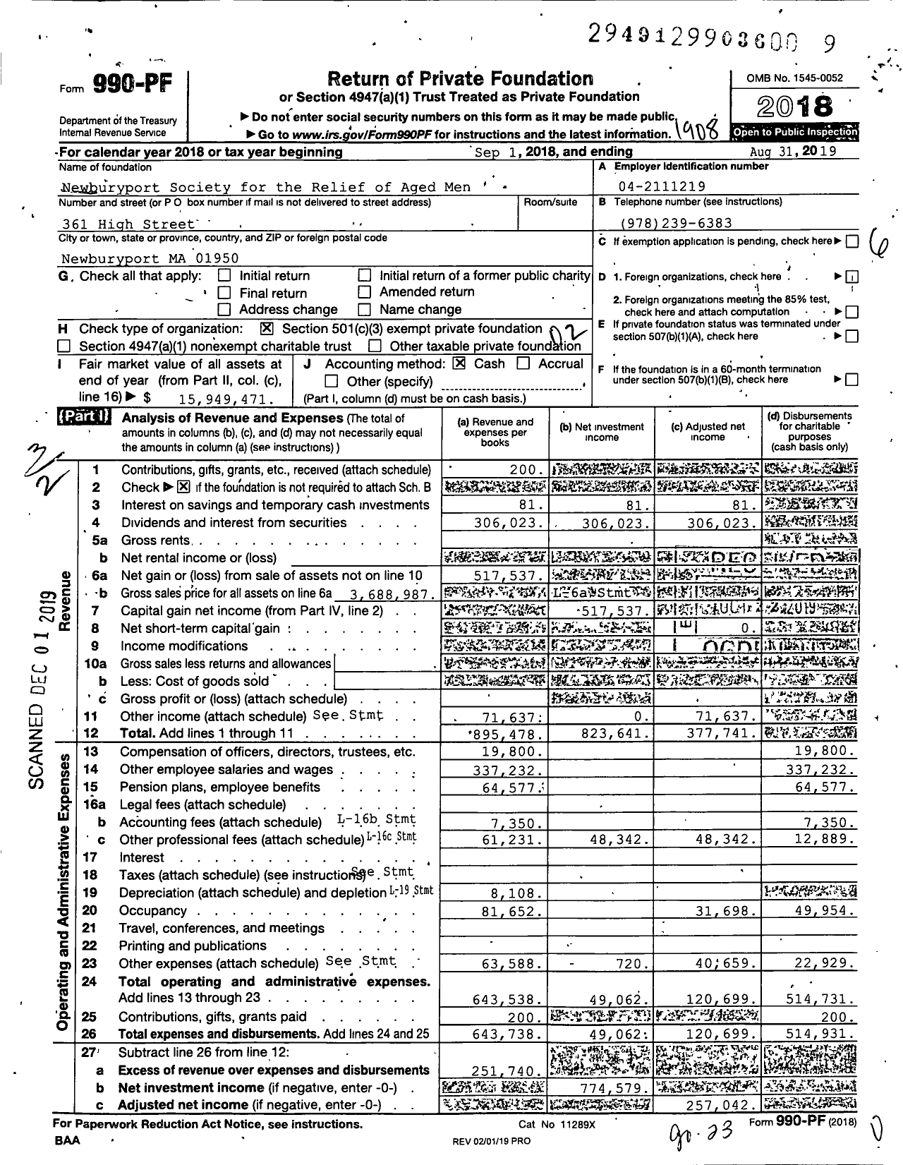 Image of first page of 2018 Form 990PF for Newburyport Society for the Relief of Aged Men