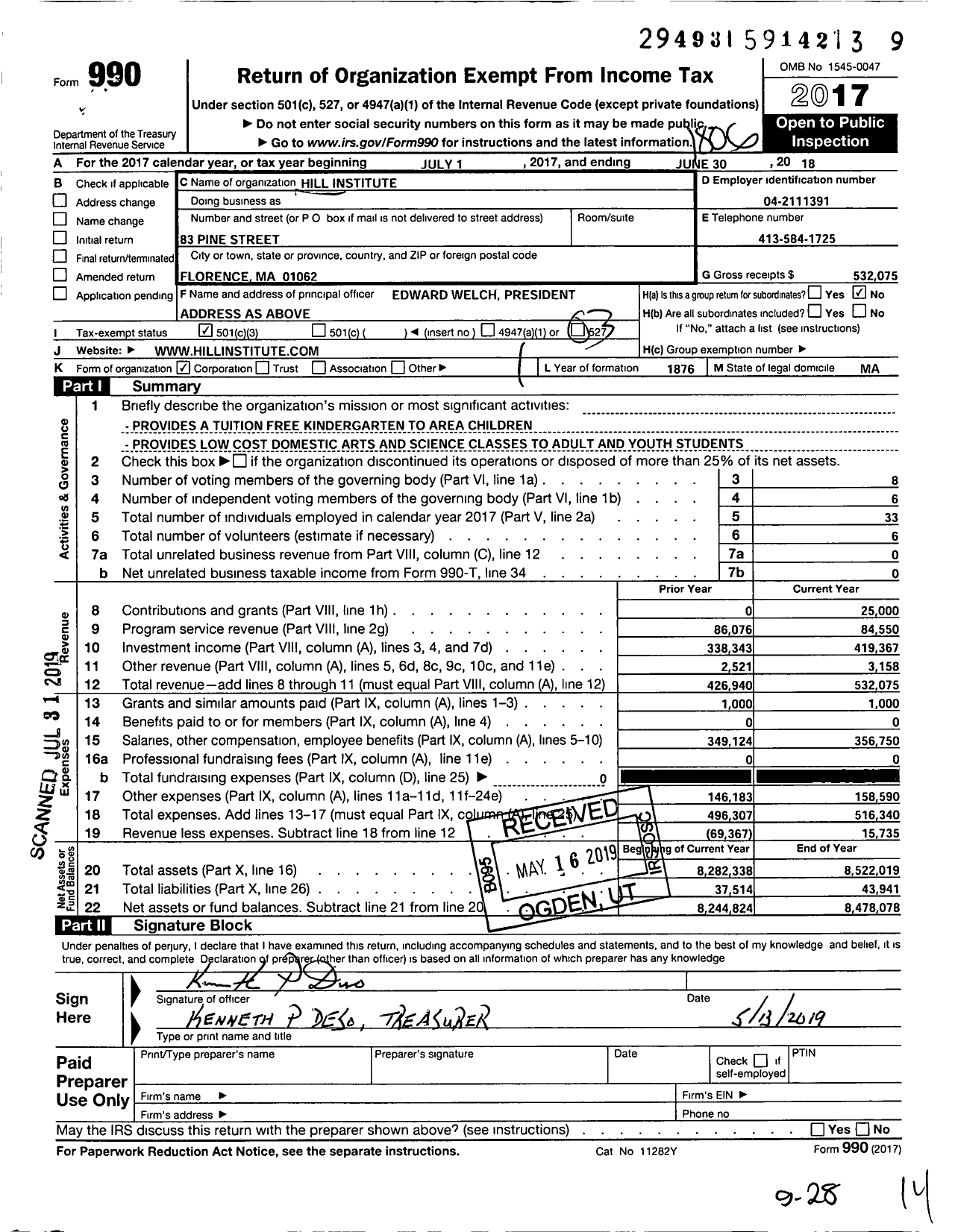 Image of first page of 2017 Form 990 for Hill Institute