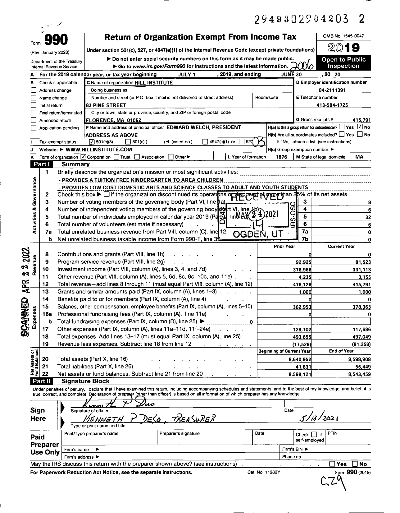 Image of first page of 2019 Form 990 for Hill Institute