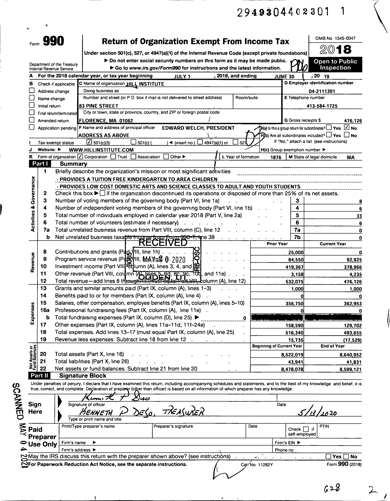 Image of first page of 2018 Form 990 for Hill Institute