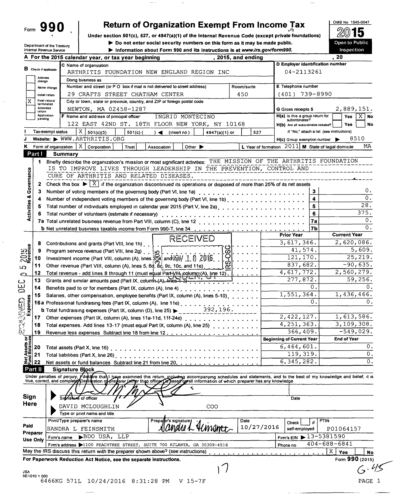 Image of first page of 2015 Form 990 for Arthritis Foundation New England Region