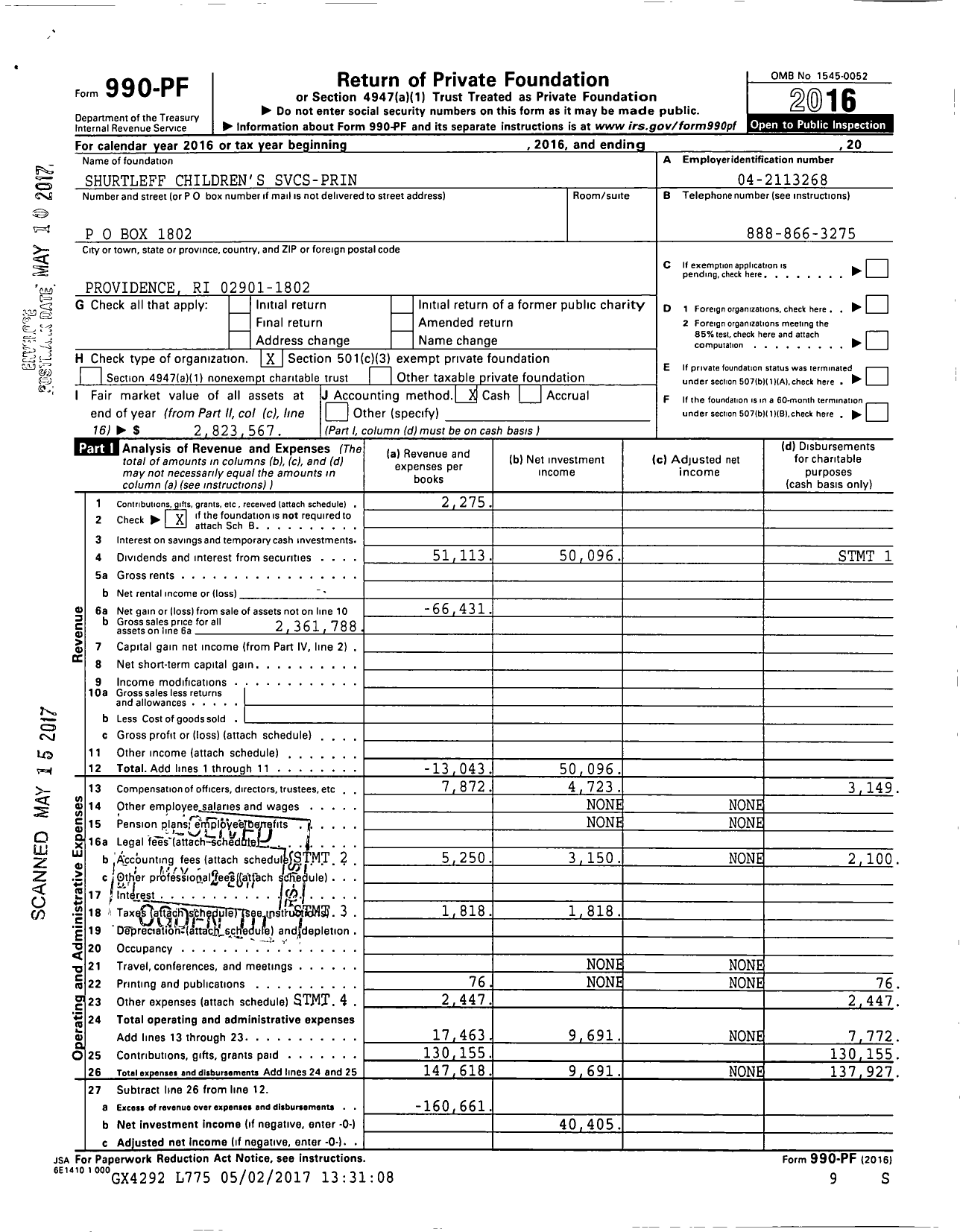 Image of first page of 2016 Form 990PF for Shurtleff Children's Svcs-Prin