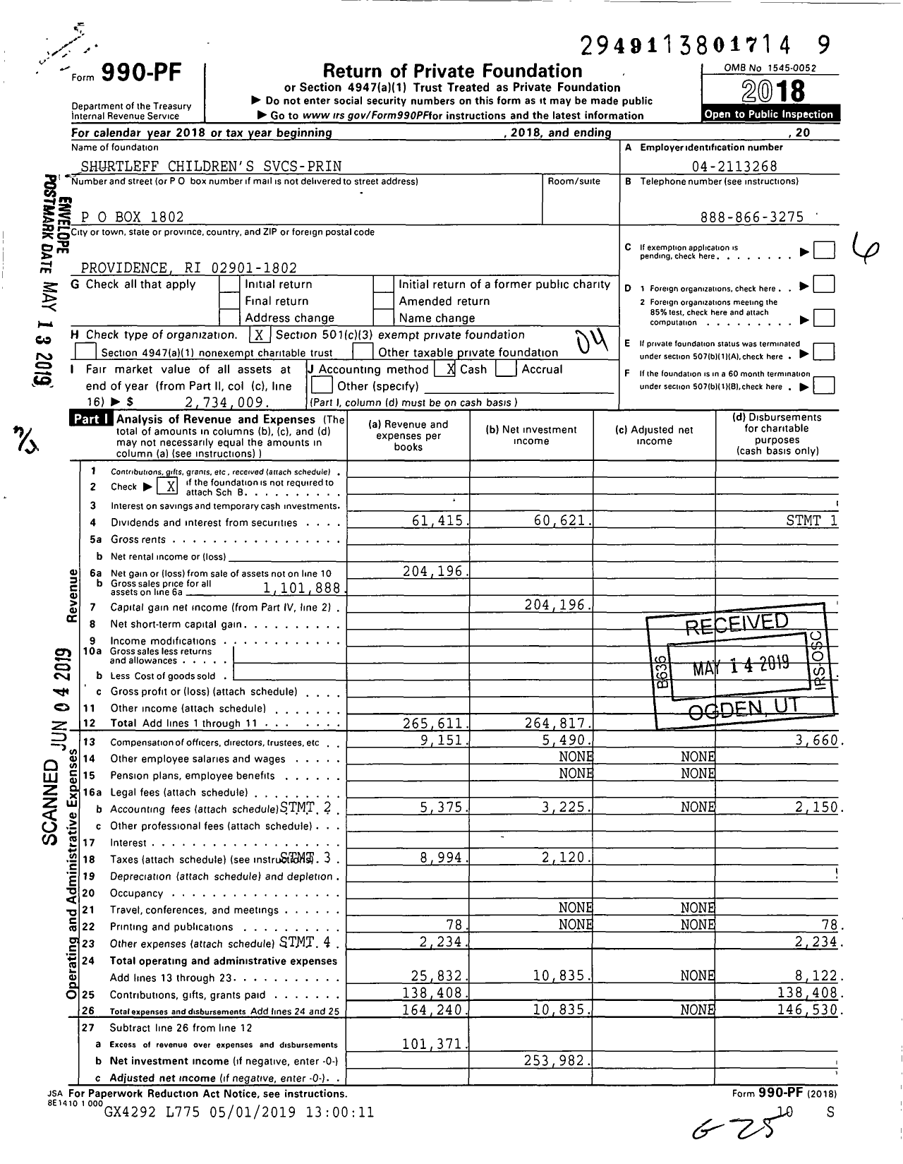 Image of first page of 2018 Form 990PF for Shurtleff Children's Svcs-Prin