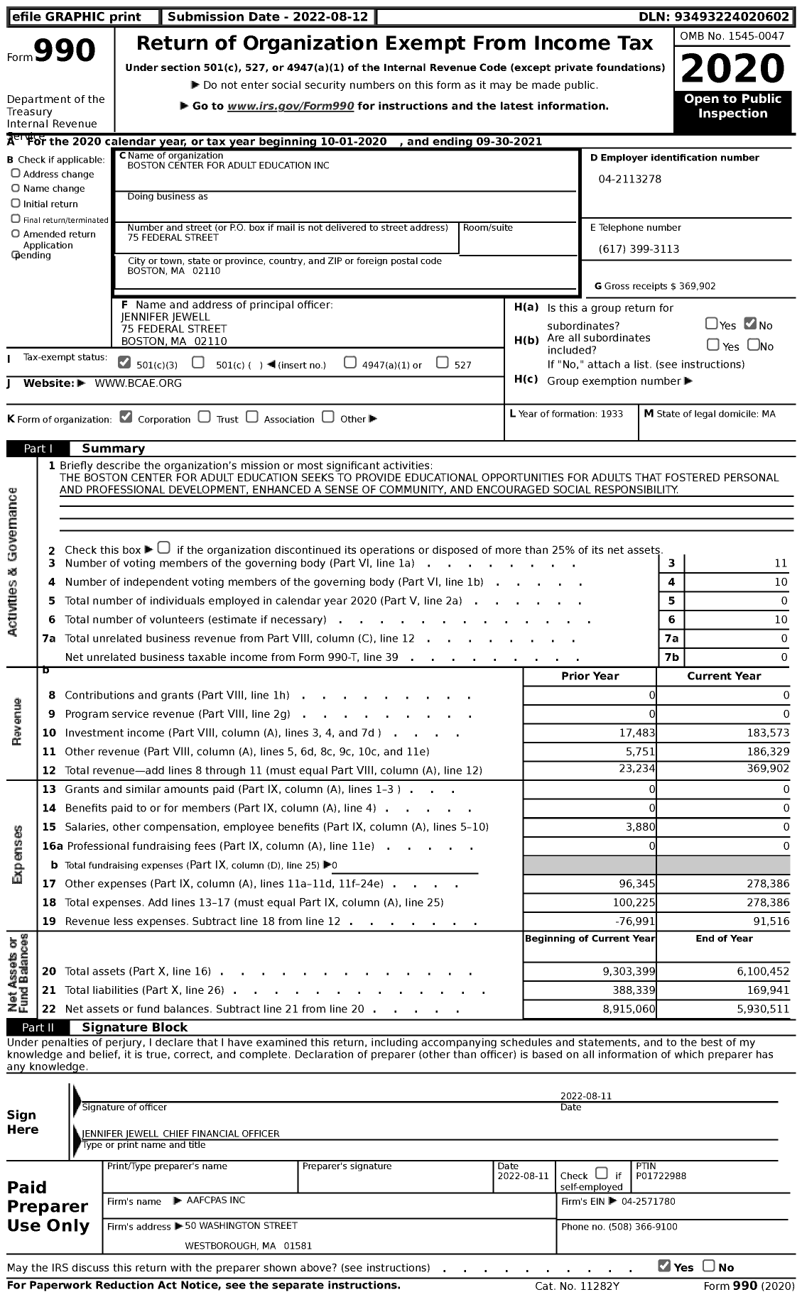 Image of first page of 2020 Form 990 for Boston Center for Adult Education (BCAE)