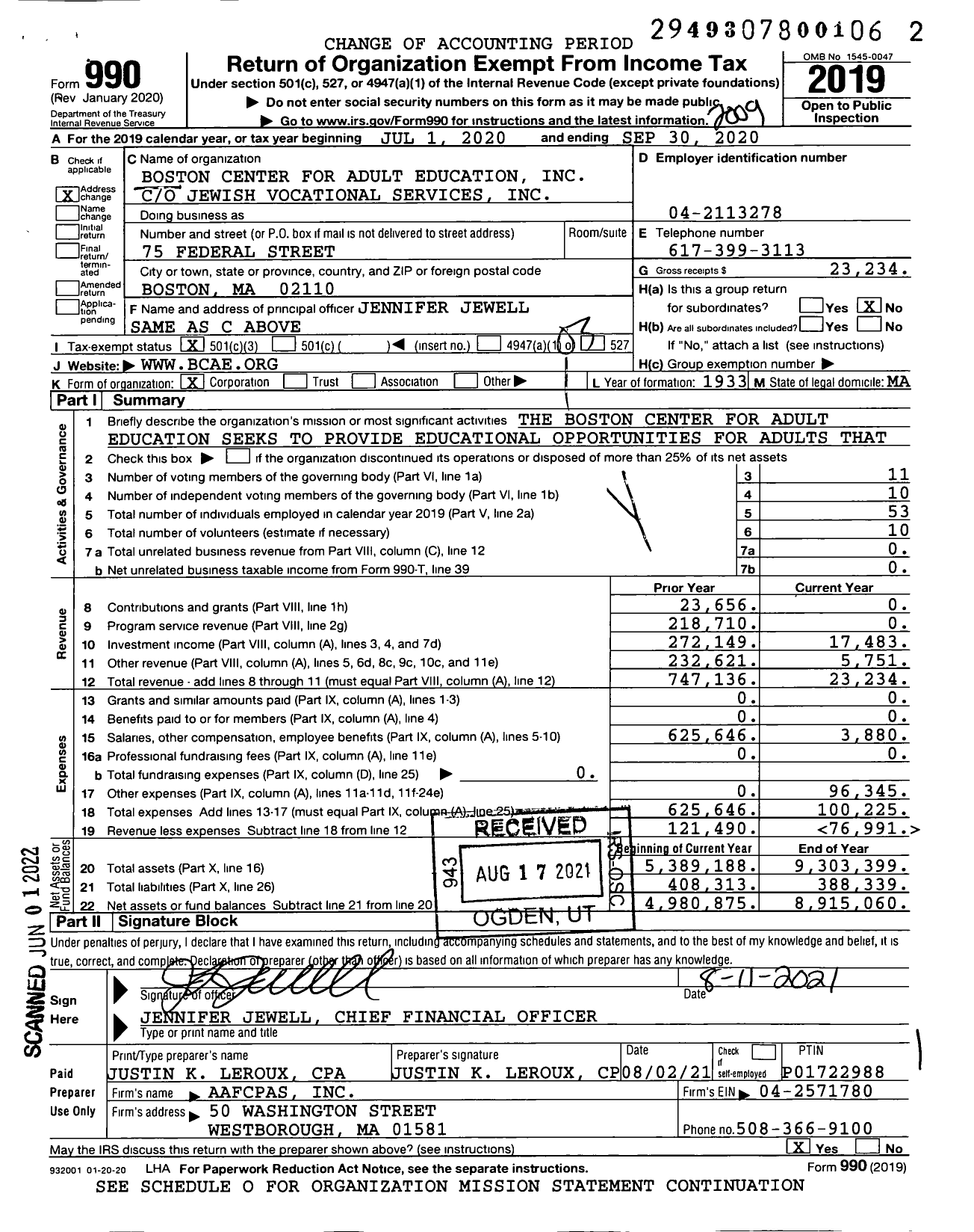 Image of first page of 2019 Form 990 for Boston Center for Adult Education (BCAE)