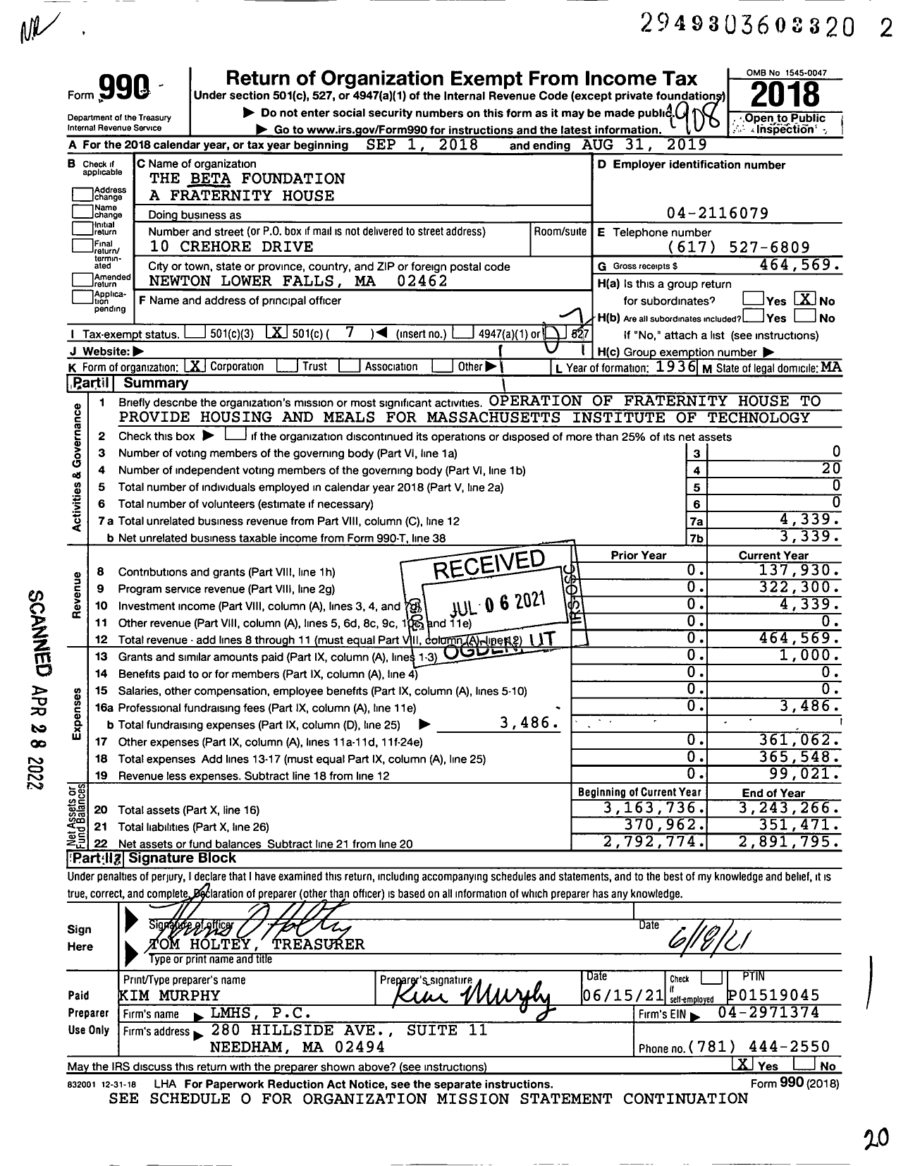 Image of first page of 2018 Form 990O for The Beta Foundation A Fraternity House