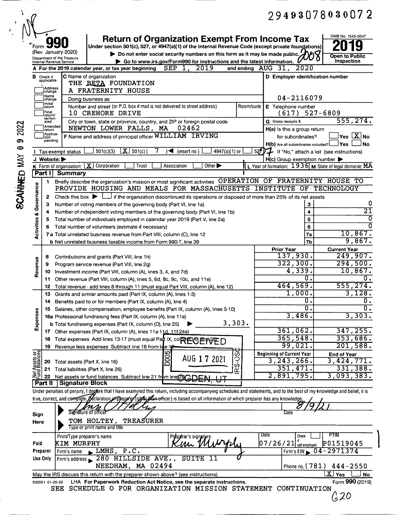 Image of first page of 2019 Form 990O for The Beta Foundation A Fraternity House