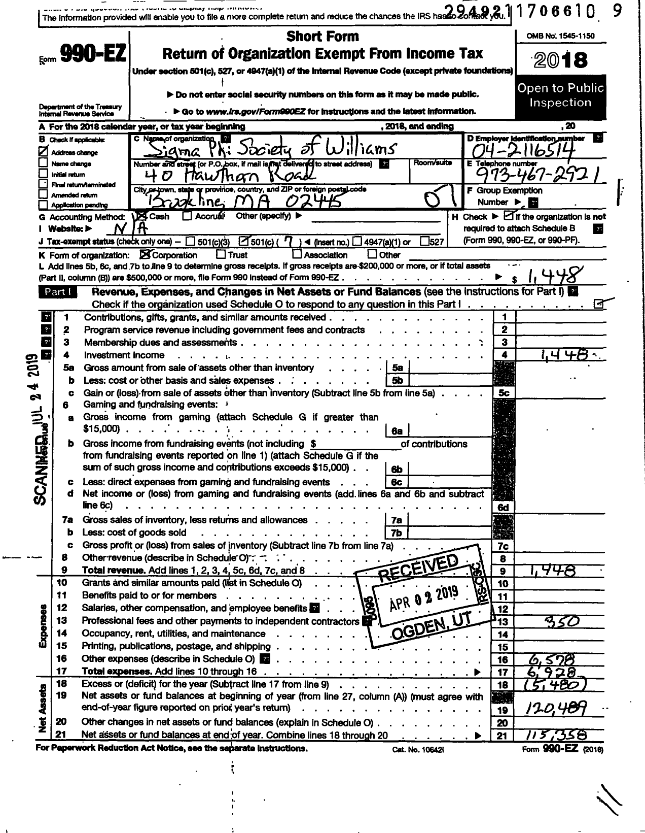 Image of first page of 2018 Form 990EO for Trustees of the Sigma Phi Society Williams College