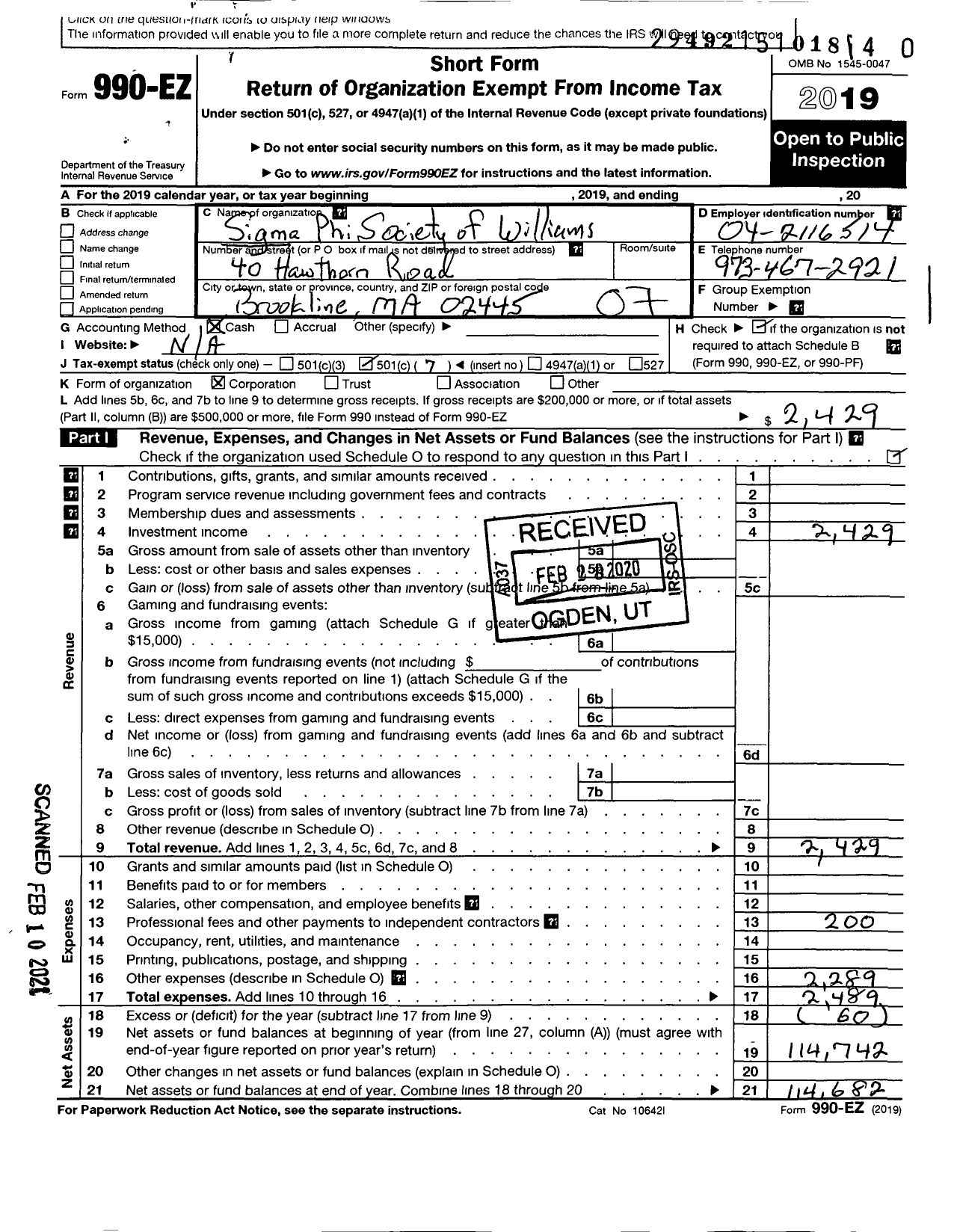 Image of first page of 2019 Form 990EO for Trustees of the Sigma Phi Society Williams College