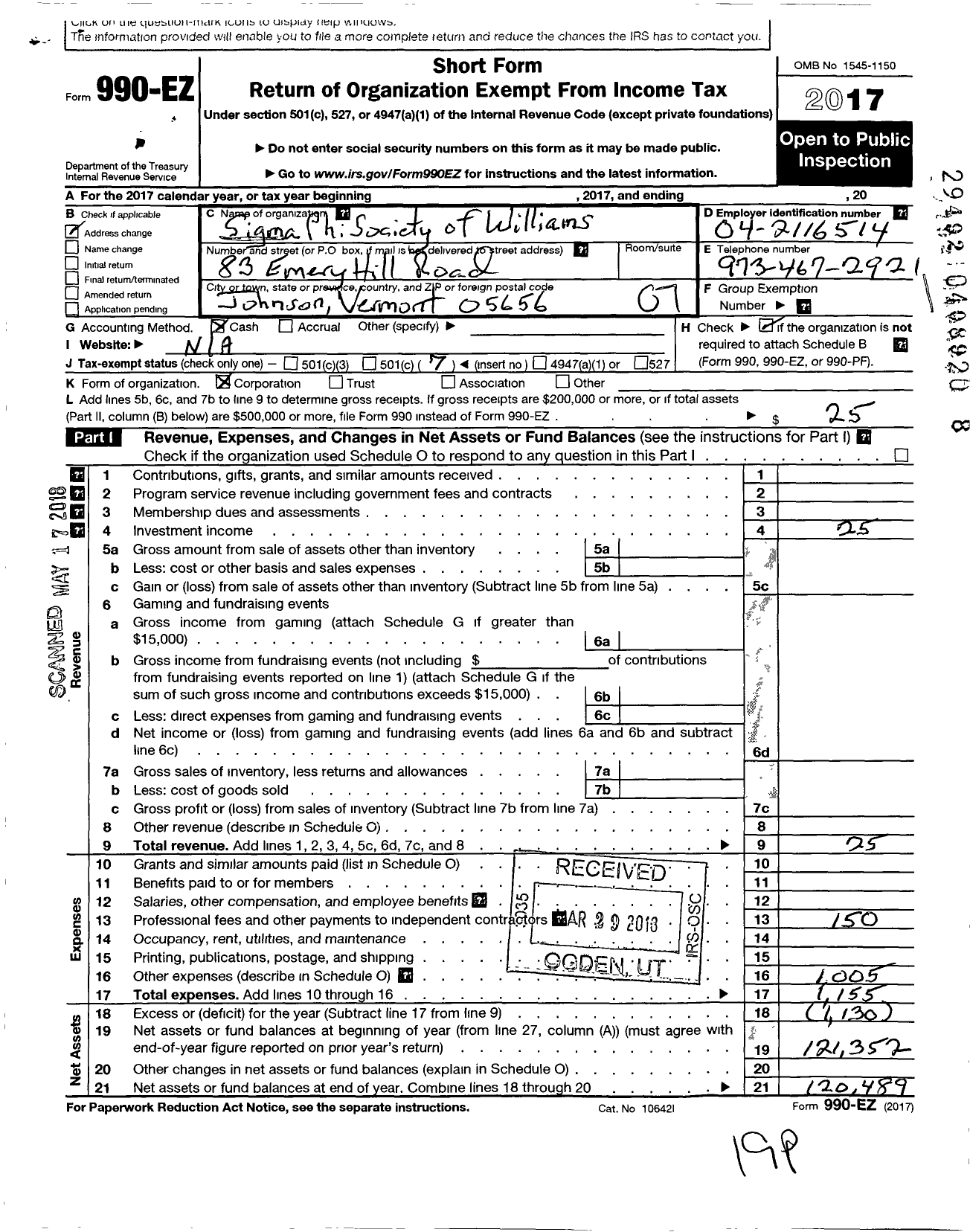 Image of first page of 2017 Form 990EO for Trustees of the Sigma Phi Society Williams College