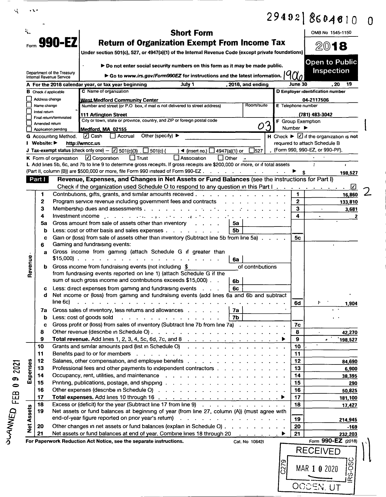 Image of first page of 2018 Form 990EZ for West Medford Community Center