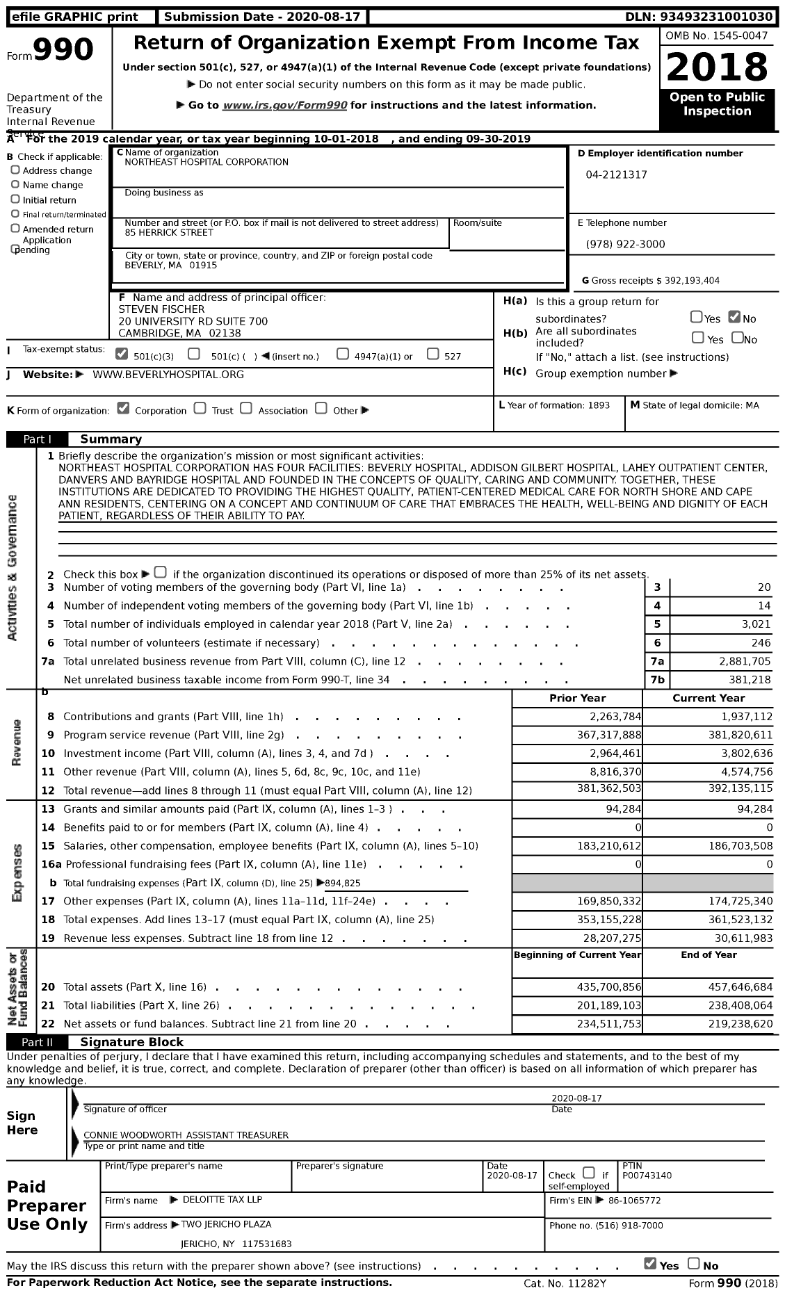 Image of first page of 2018 Form 990 for Northeast Hospital Corporation