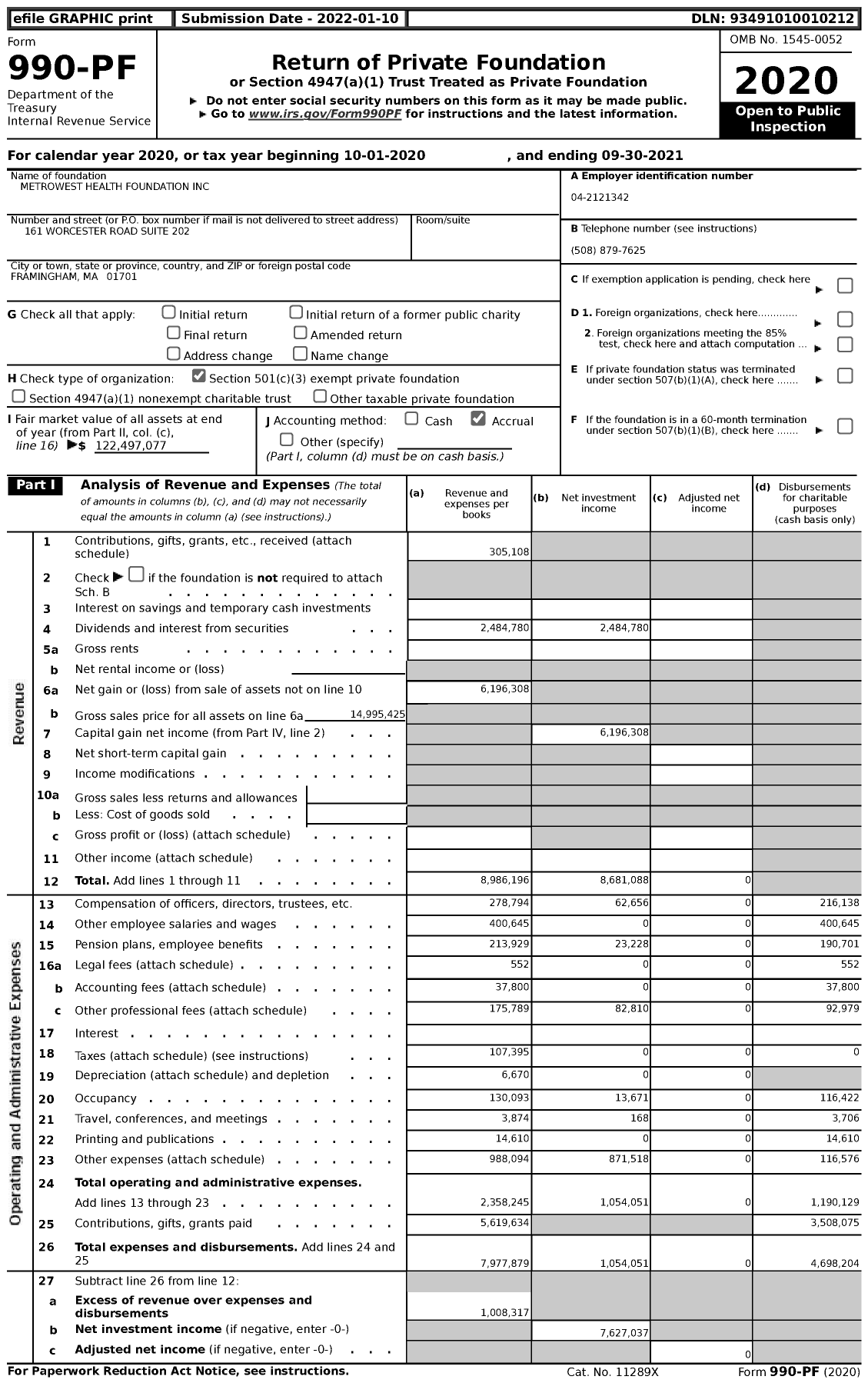 Image of first page of 2020 Form 990PF for MetroWest Health Foundation